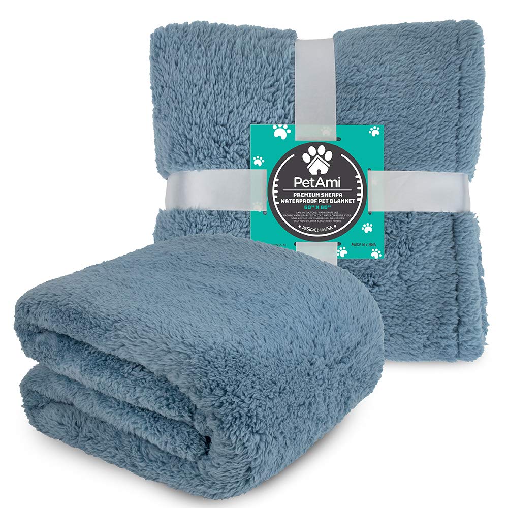 Petami Fluffy Waterproof Dog Blanket For Bed Large Dogs, Soft Warm Pet Sherpa Throw Pee Proof Couch Cover, Reversible Cat Blanket Sofa Crate Kennel Protector, Washable Mat (Dusty Blue, 60X80)