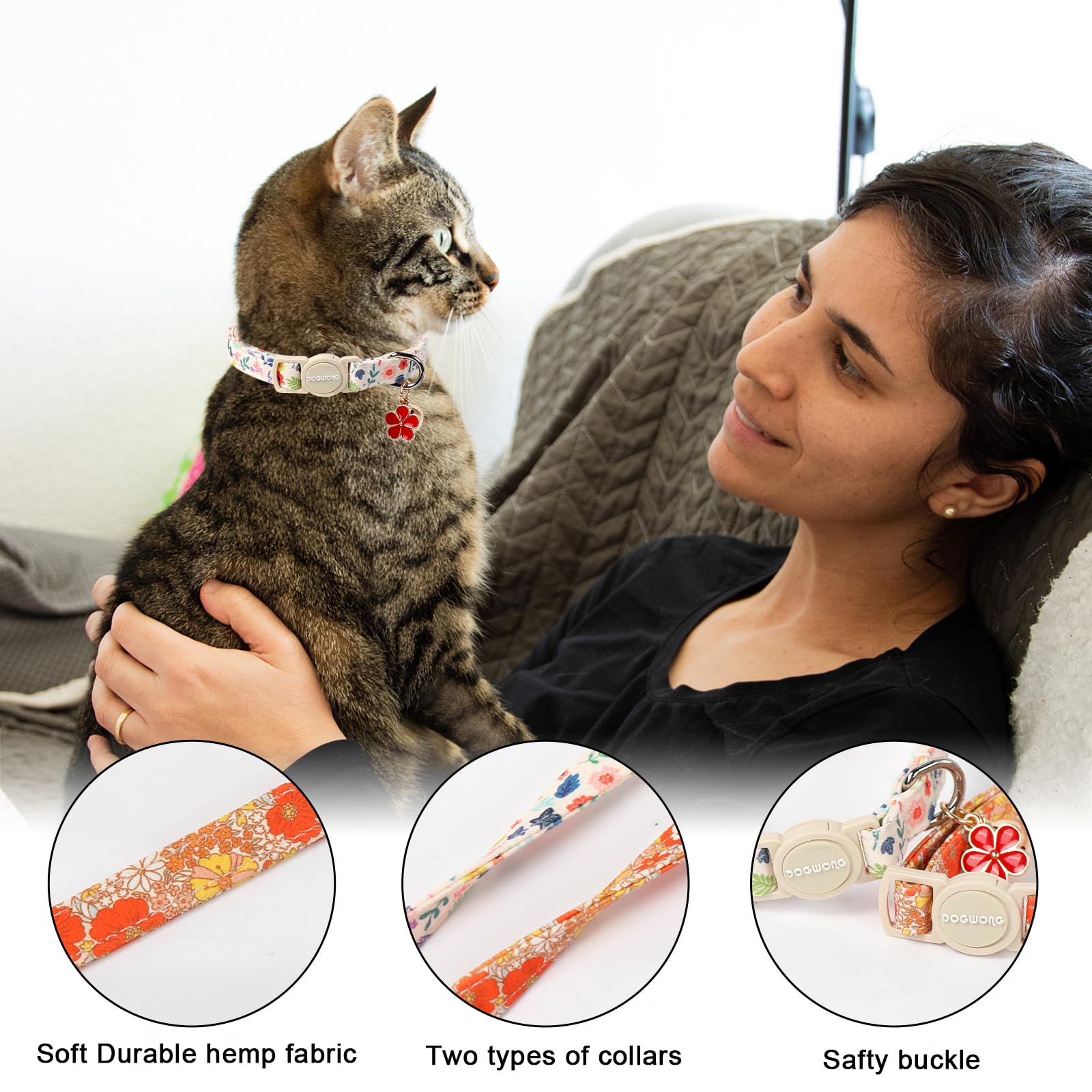 2 Pack Flower Cat Collars Breakaway With Bell, Dogwong Safety Buckle Rose Floral Cute Cat Collar For Girl Boy Cats,Adjustable 7-