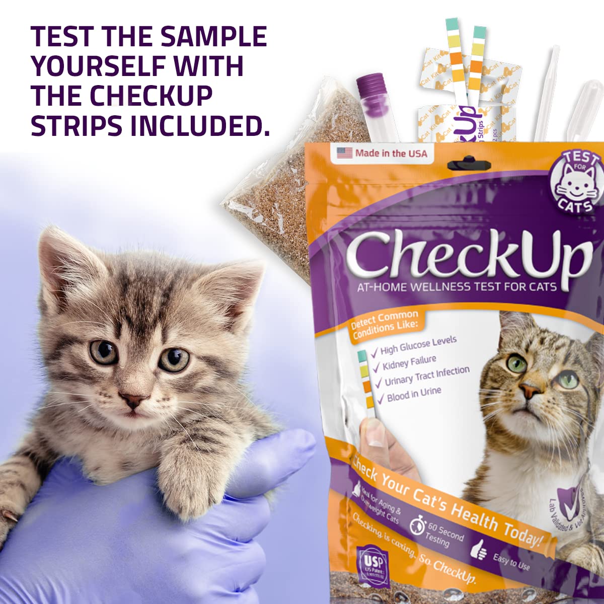 Checkup At Home Wellness Test Kit For Cats | 2Lb Hydrophobic Litter For Urine Collection, 2 Test Strips For The Detection Of The 4 Most Common Health Indicators - Ph, Protein , Glucose, Blood In Urine