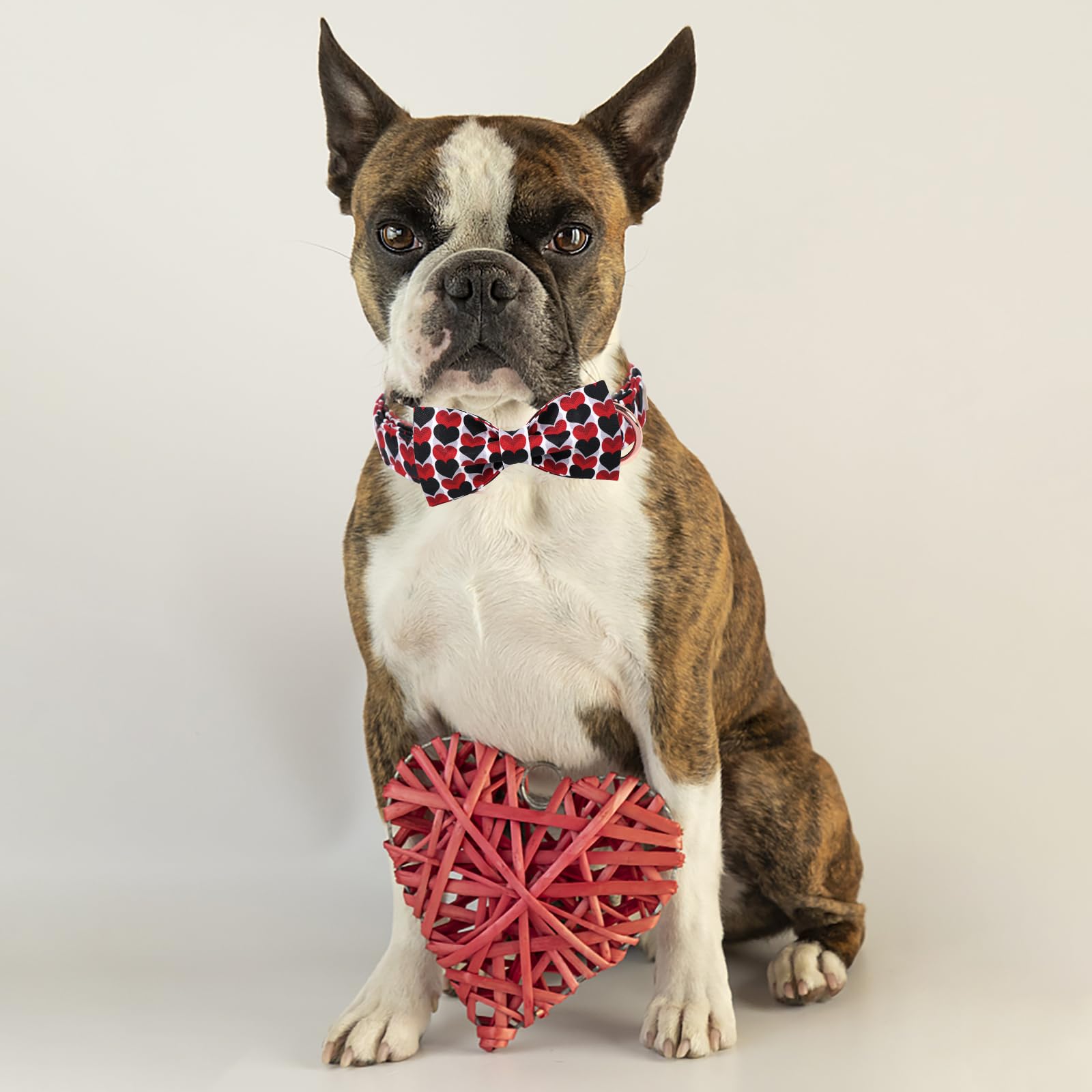 Babole Pet Valentine Dog Collar for Small Dog with Bow Tie, Red&Black Love Heart Valentine Dog Collars with Safety Metal Buckle