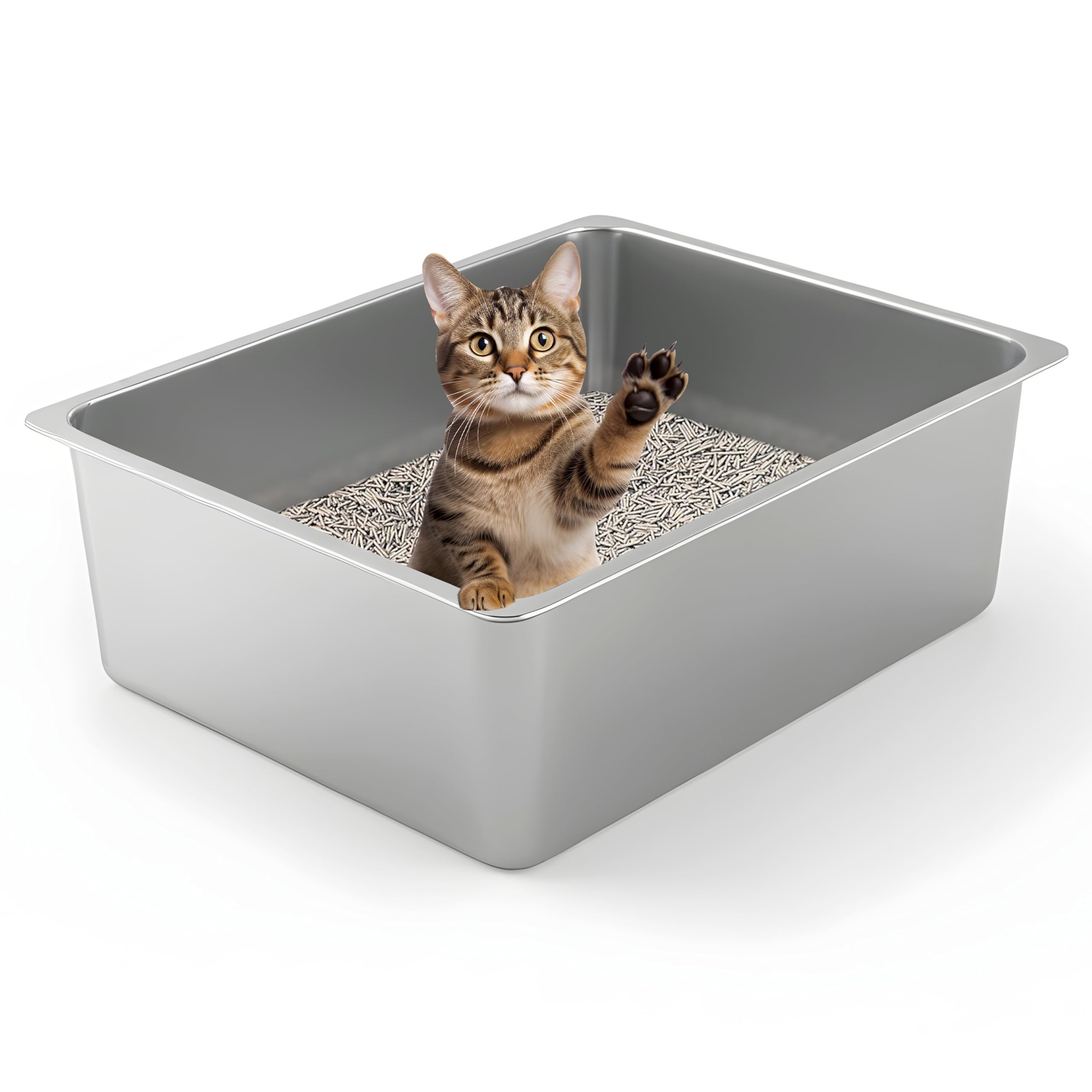 Kirecoo Stainless Steel Cat Litter Box - Metal High Sided Cat Pan, Large Stainless Steel Box, Indoor Litter Tray, Non Stick, No 