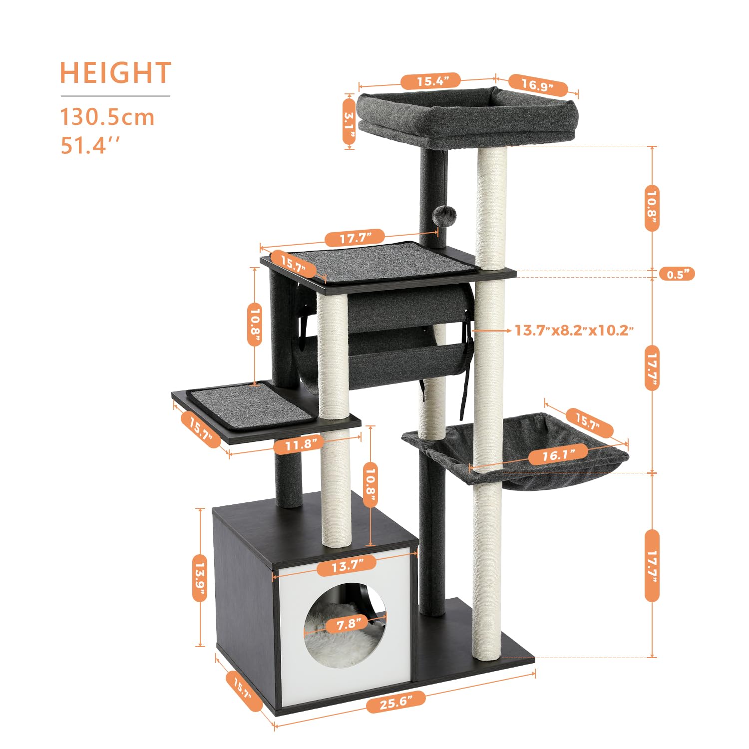 PEQULTI Modern Cat Tree - 51.4" Wooden Cat Tower with Scratching Posts, Cozy Condo, Hammock & Swing Tunnel - Gray - Model AM52-AMT0102GY