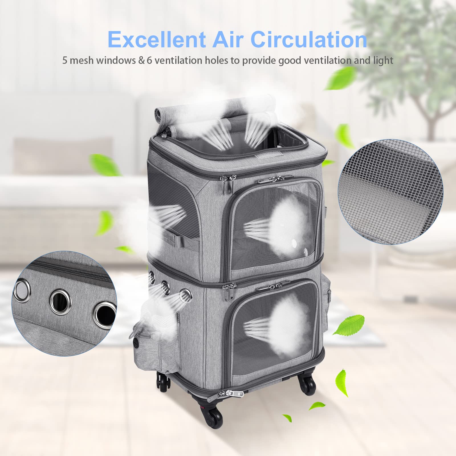 Hovono Double-Compartment Pet Carrier Backpack With Wheels For Small Cats And Dogs, Cat Rolling Carrier For 2 Cats, Perfect For