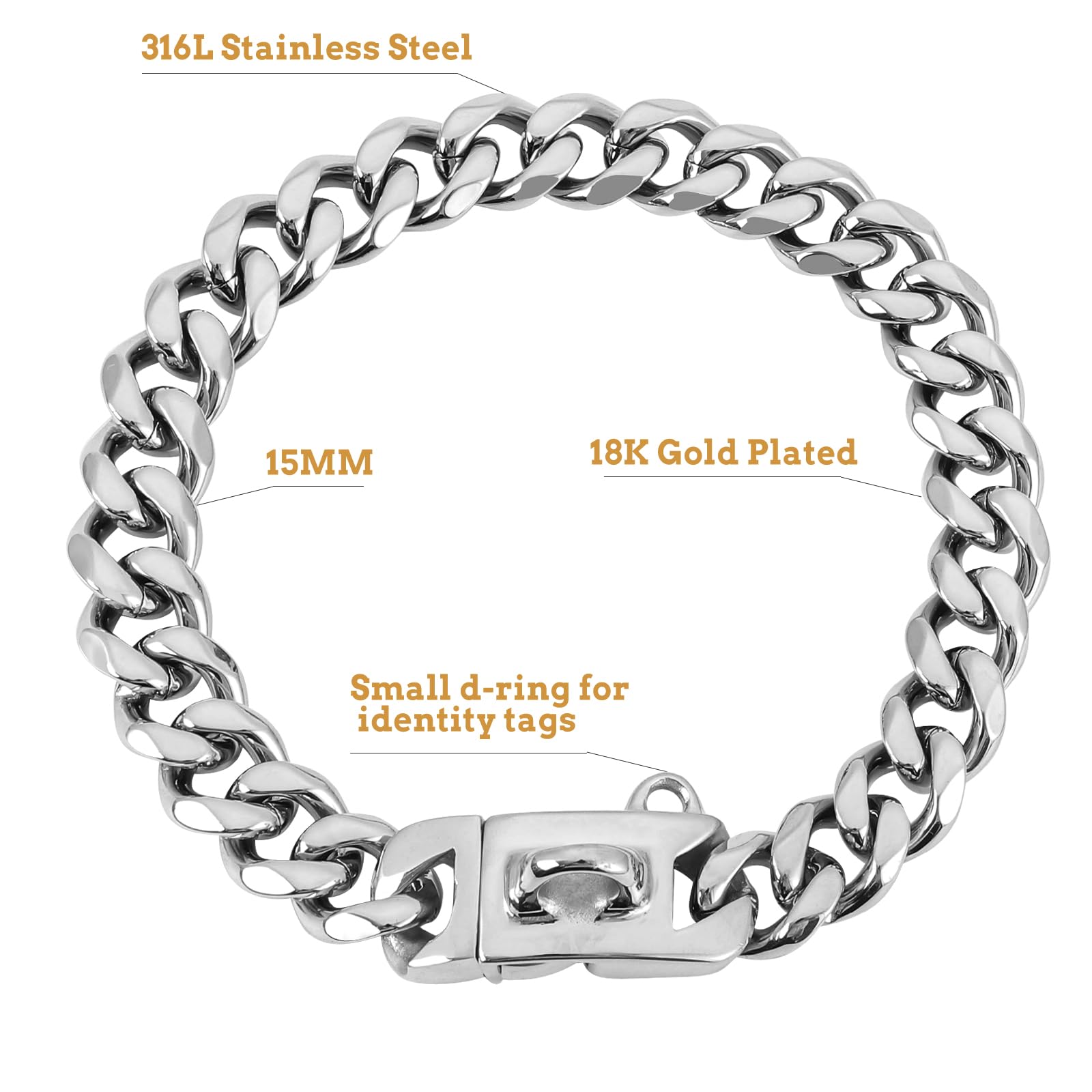 Baobote 15Mm Silver Stainless Steel Dog Collar With Cuban Link Chain Heavy Duty Chew Proof Training Collar For Dogs(16'' Silver)
