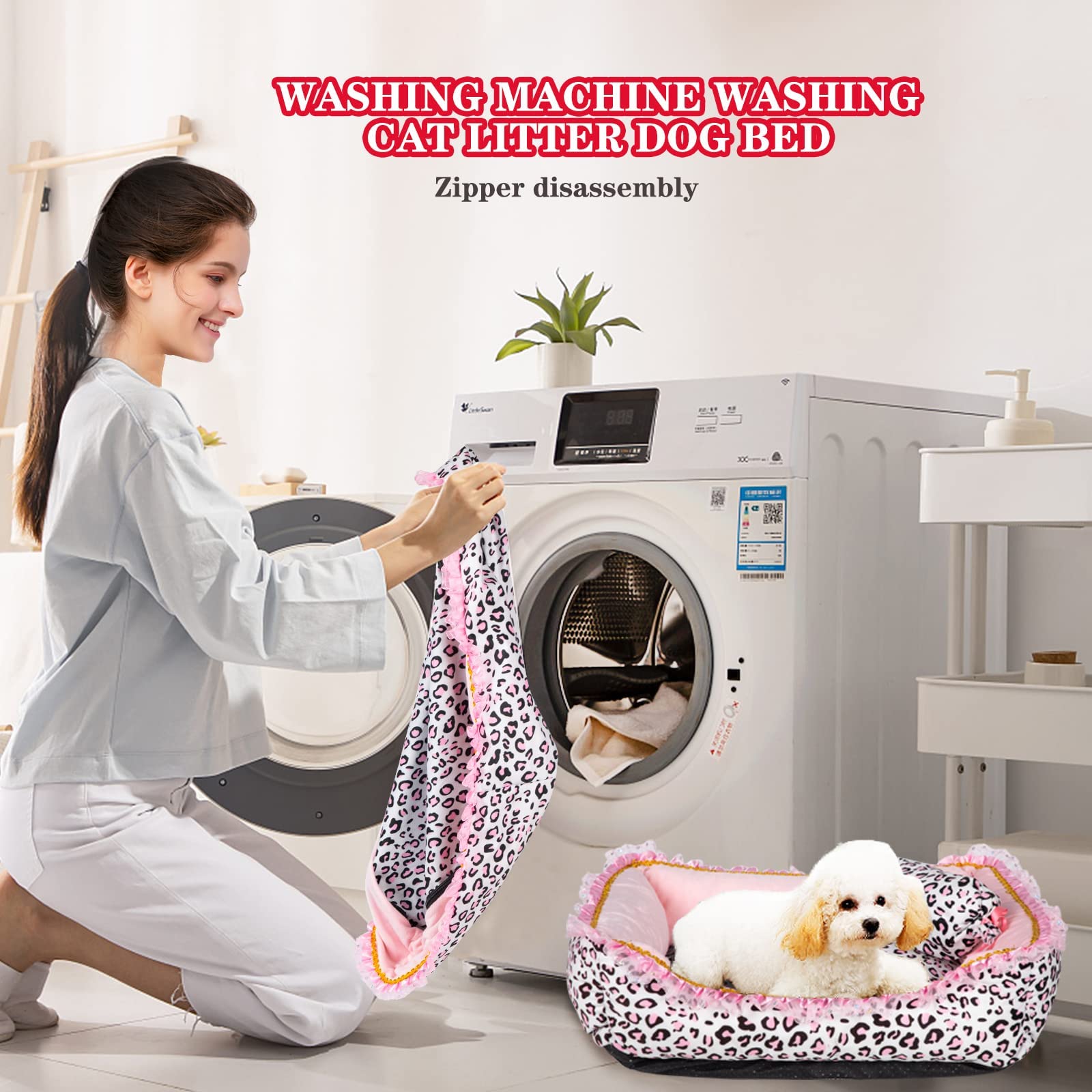 Gigreinc Dog Bed For Small Dogs - Cute Pink Leopard Dog Bed,Cat Beds For Indoor Cats Washable - Square Shape Cat Dog Sofa Bed Pet House Nest Cave(M, 20.8' L X 18' W X 5.5'