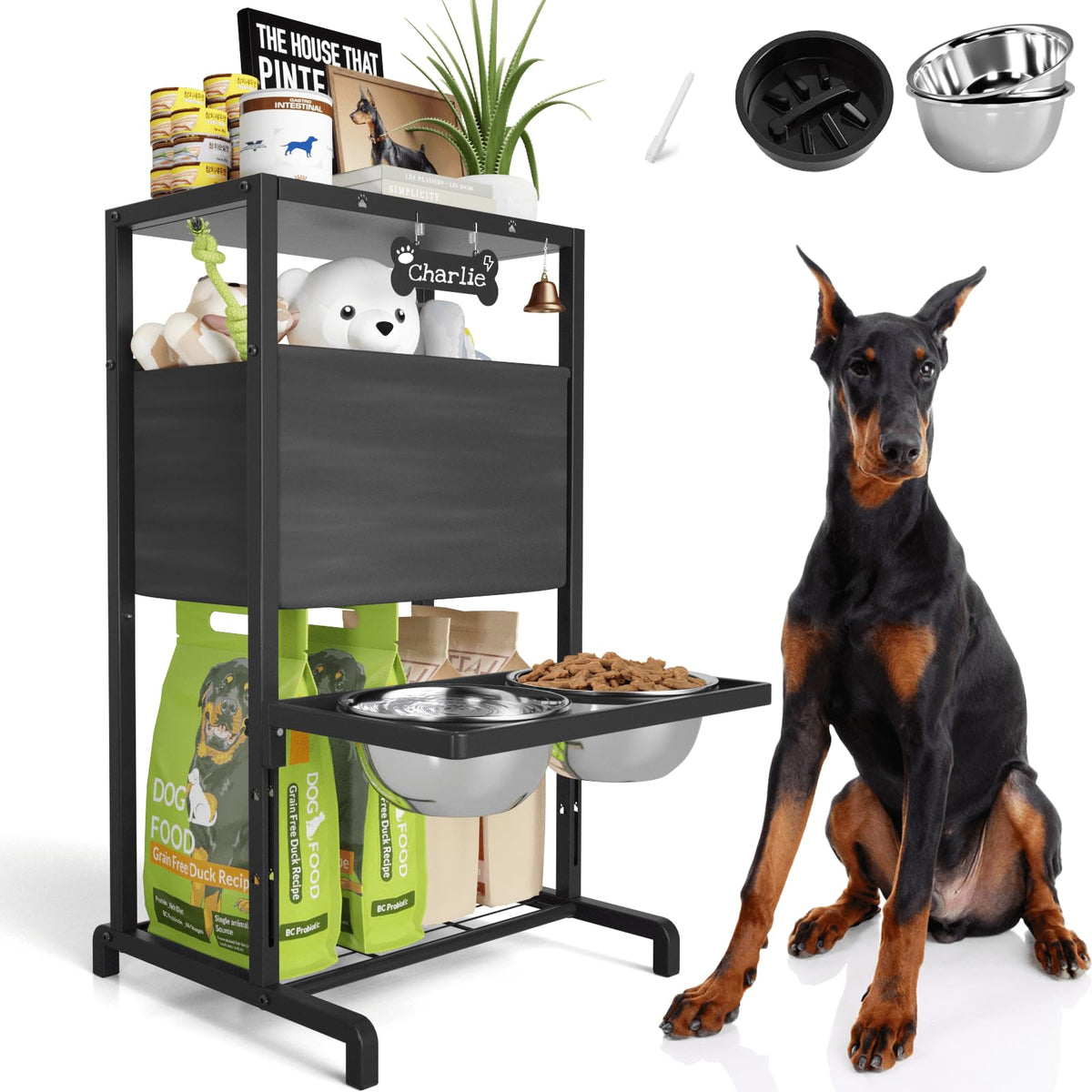 Elevated Dog Bowls: Height Adjustable Raised Dog Bowl Stand (4.5'' To 12'') 2 * 1700Ml Stainless Steel Bowls + Slow Feeder, Dog 