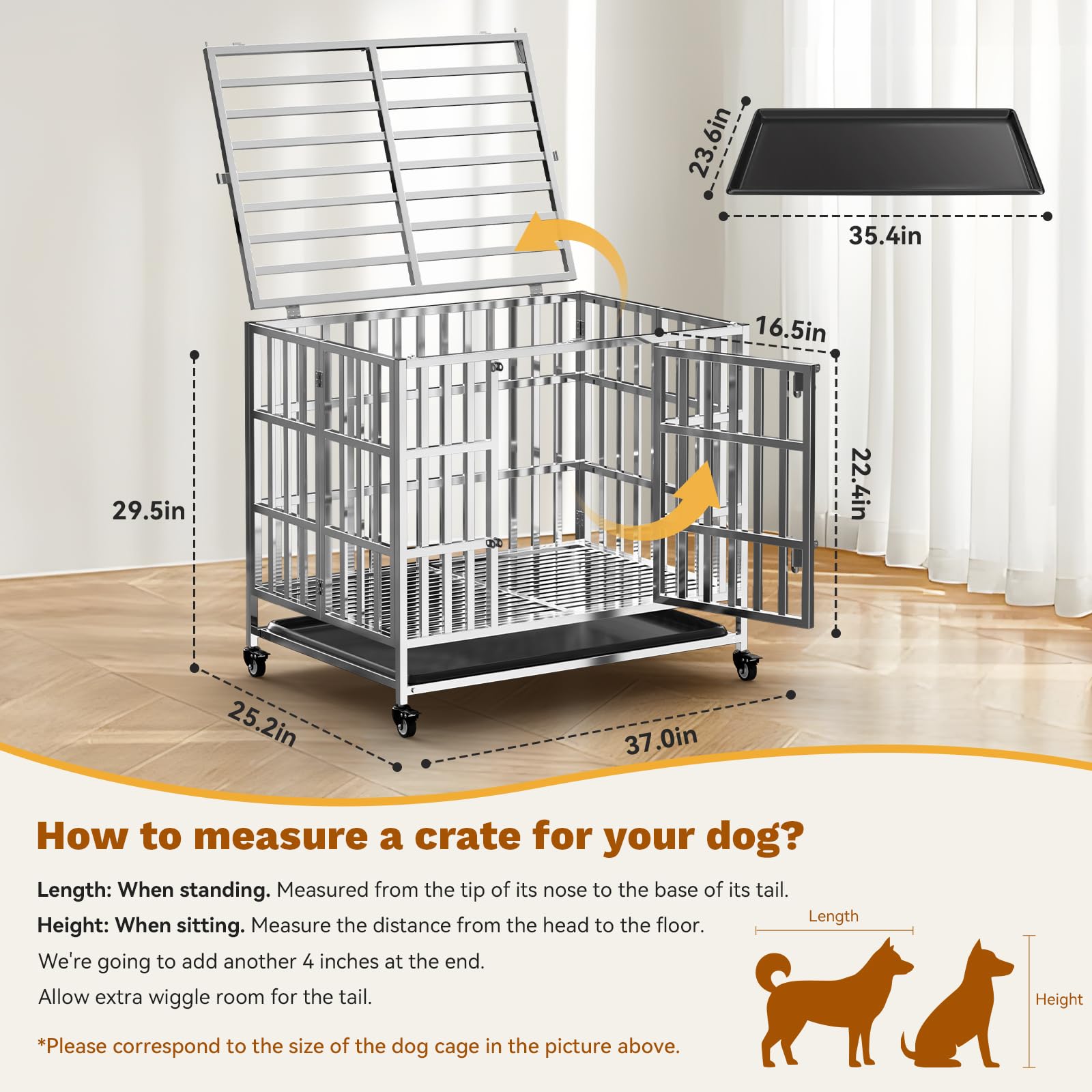 Holiwei 37 Heavy Duty Dog Crates for Large Dogs, Upgraded 4 Lockable Wheels, Stainless Steel Kennel Dog Kennel Indoor, Max Load