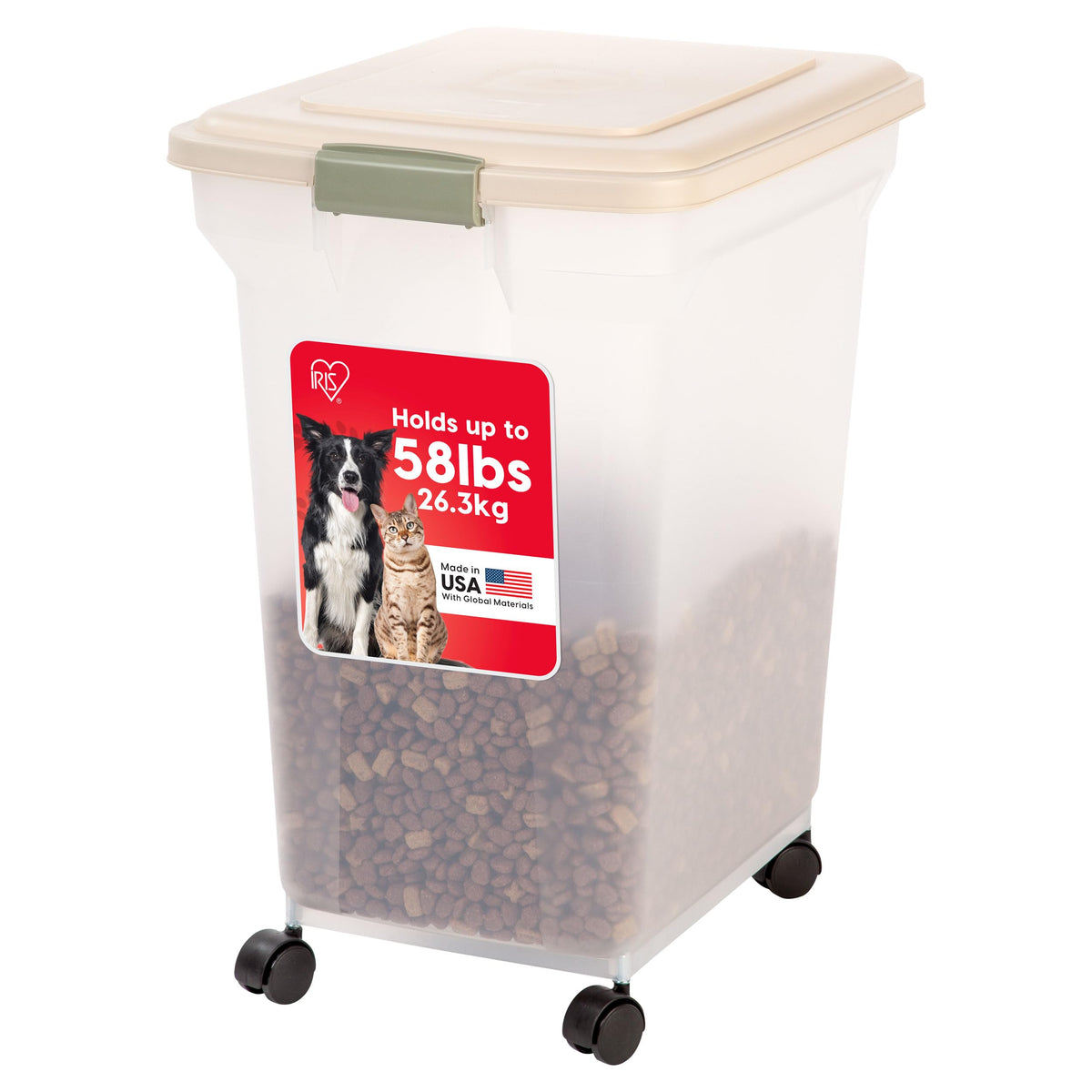 IRIS USA WeatherPro Airtight Dog Food Storage Container, Up to 58 lbs, Attachable Wheels, For Dog Cat Bird and Other Pet Food St