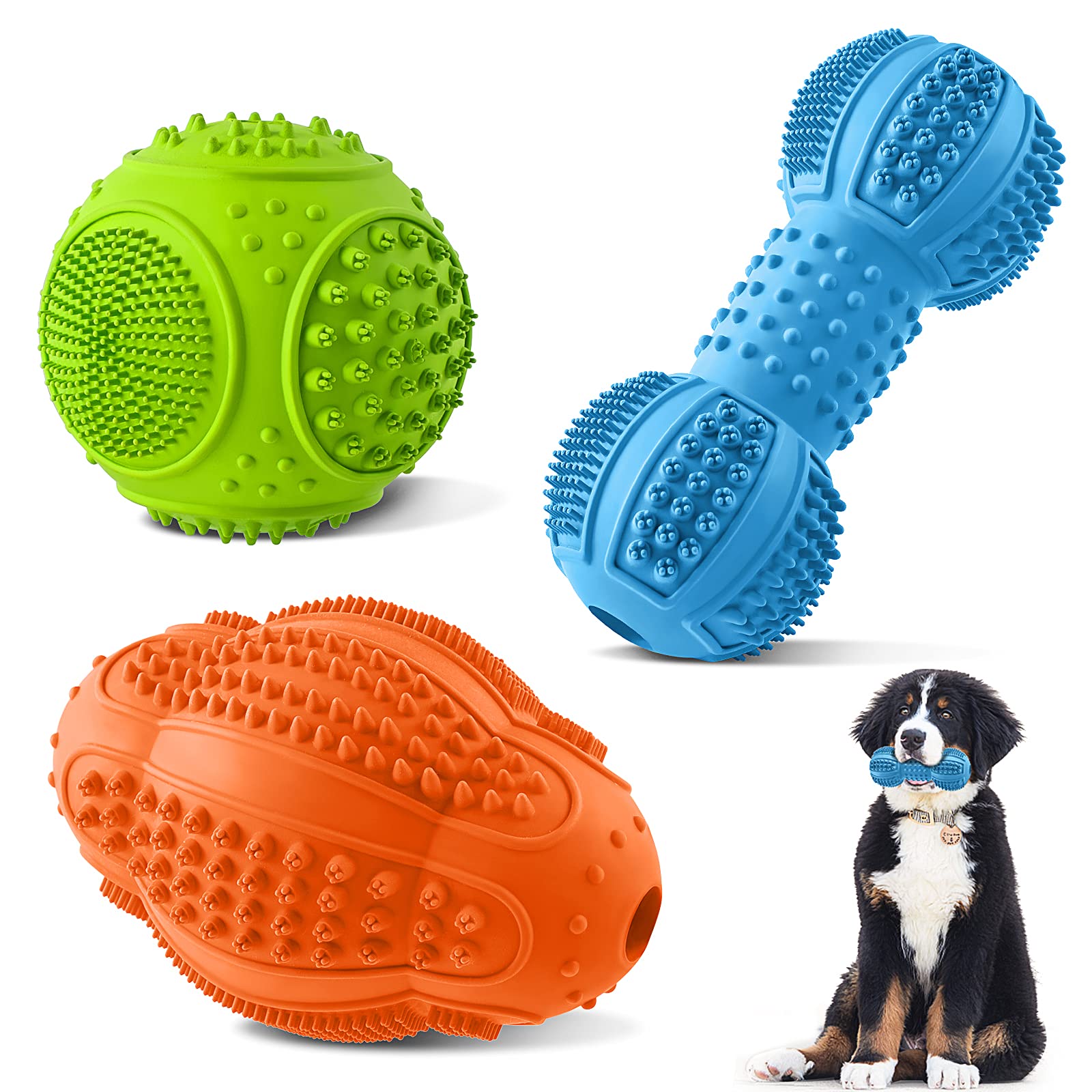 Lukito Dog Chew Toys 3 Pack For Aggressive Chewers, Multifunctional Teeth Cleaning And Gum Massage, Tough Toys With Natural Rubber For Large And Medium Dog