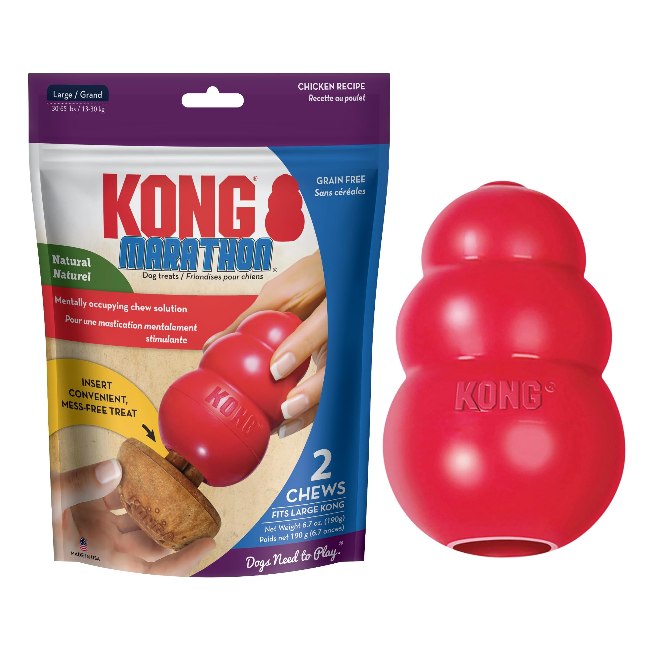KONG Classic Stuffable Dog Toy & KONG Marathon Chicken-Flavored Treats (2 Pack) - Fetch & Chew Toy for Dogs - With Dog Toy Fille