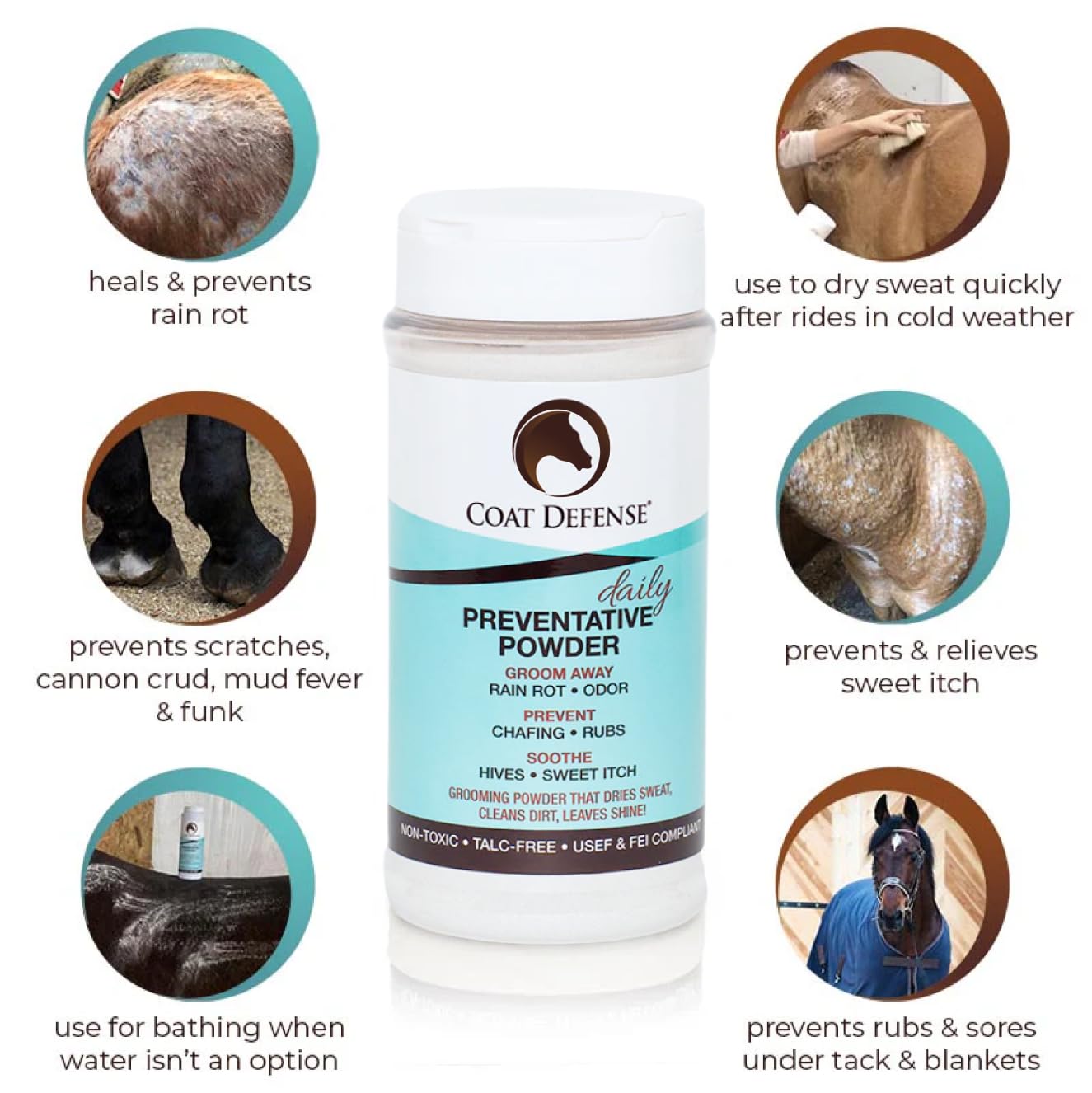 Coat Defense Daily Preventative Powder For Horses - Safe & Effective Equine Skin Conditioner Sweet Itch, Skin Funk, & Rain Rot - Dry Horse Shampoo, 16 Oz Formula With All Natural Ingredients