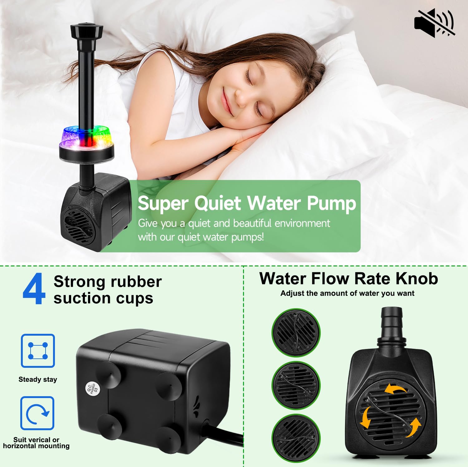 CREPOW 15W 800L/H Submersible Pond Fountain Pump with LED Lights, Ultra Quiet Water Pump, Pond Fountain Pumps for Small Pond, Ko