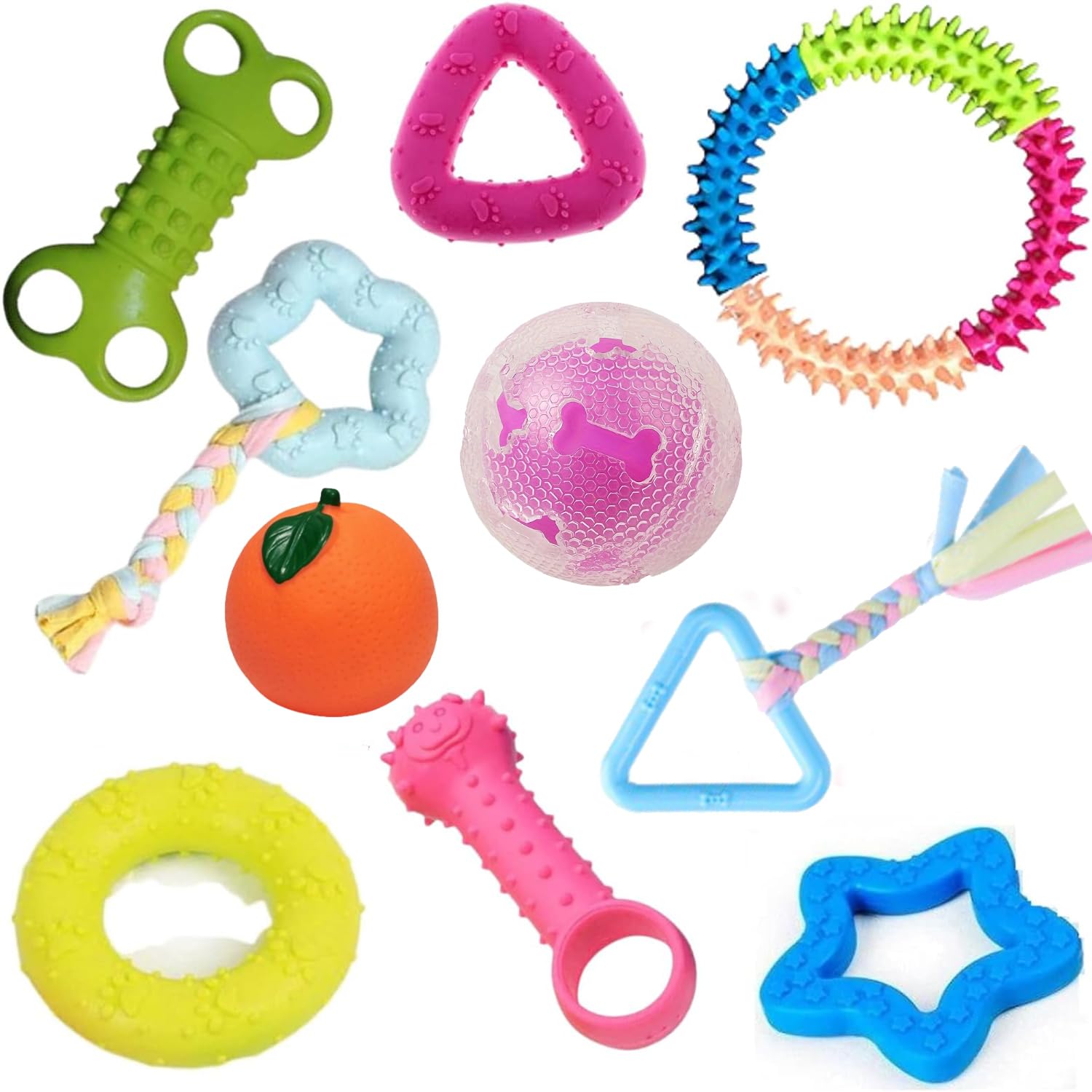 Emily Pets Dog Chew Combo Of 10Pcs Rubber Ring, Teether,Dumble Teether & Latex NonToxic For Dog & Puppy (Color May Vary)