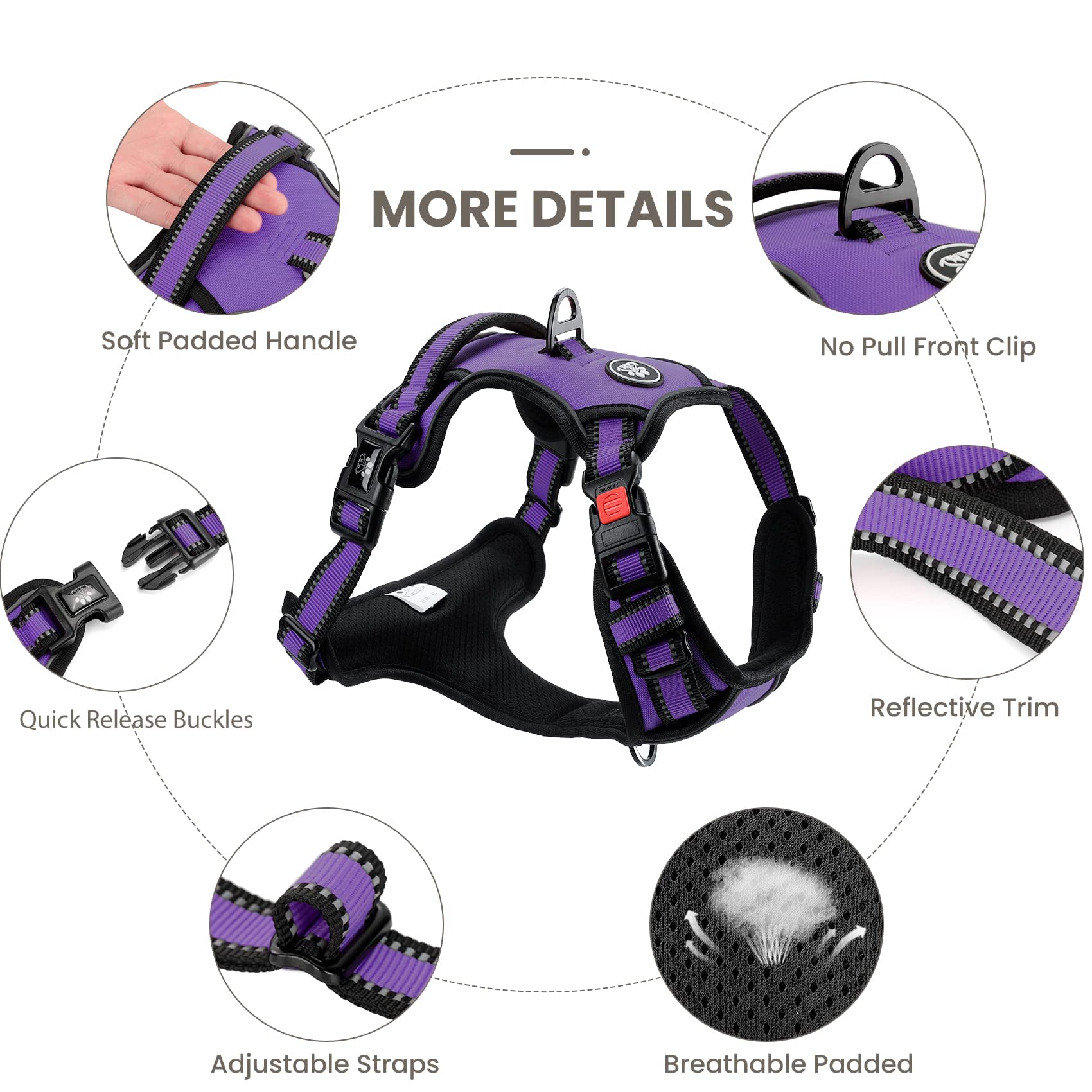 Furryfection No Pull Dog Harness, Reflective Vest Harness With Leash No Choke Soft Padded Dog Vest, Adjustable Front Lead Dog Harnesses With Dog Seat Belt For Small Medium Large Dogs, Purple, S