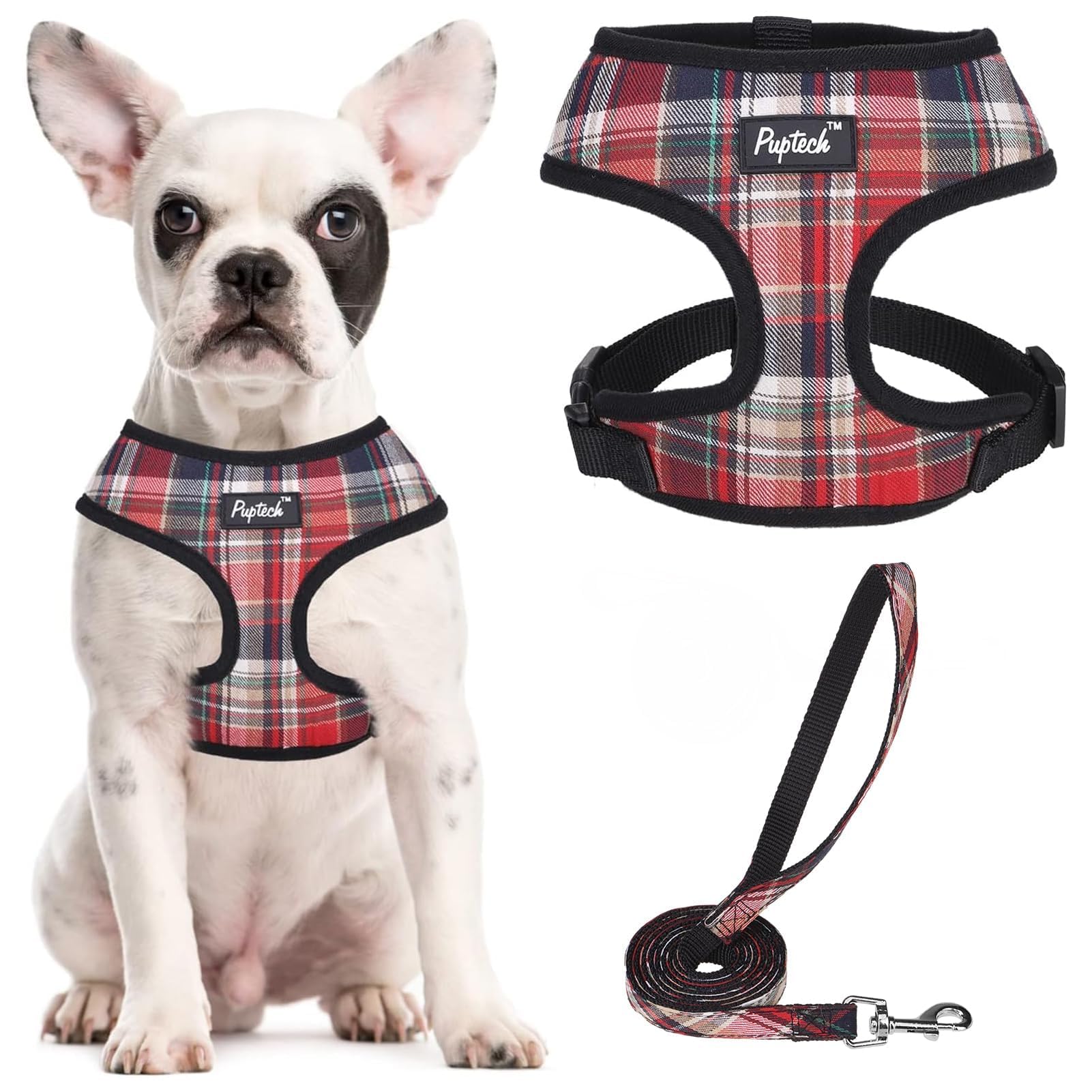 Pupteck Soft Mesh Dog Harness And Leash Set Pet Puppy Cat Comfort Padded Vest No Pull Harnesses, Red Mixed, L