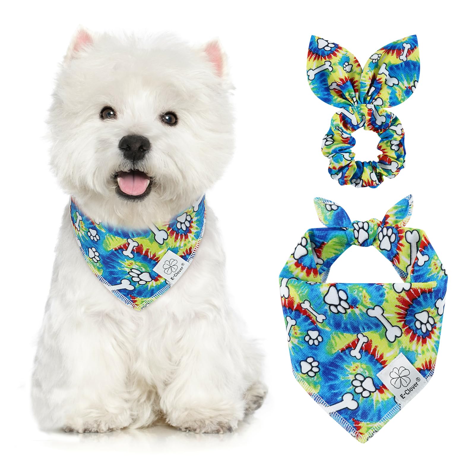 E-Clover Rainbow Dog Bandanas & Matching Scrunchie Set Girl Cute Pride Dog Scarf Bibs Pet Bandana With Bow Tie For Small Dogs Pu