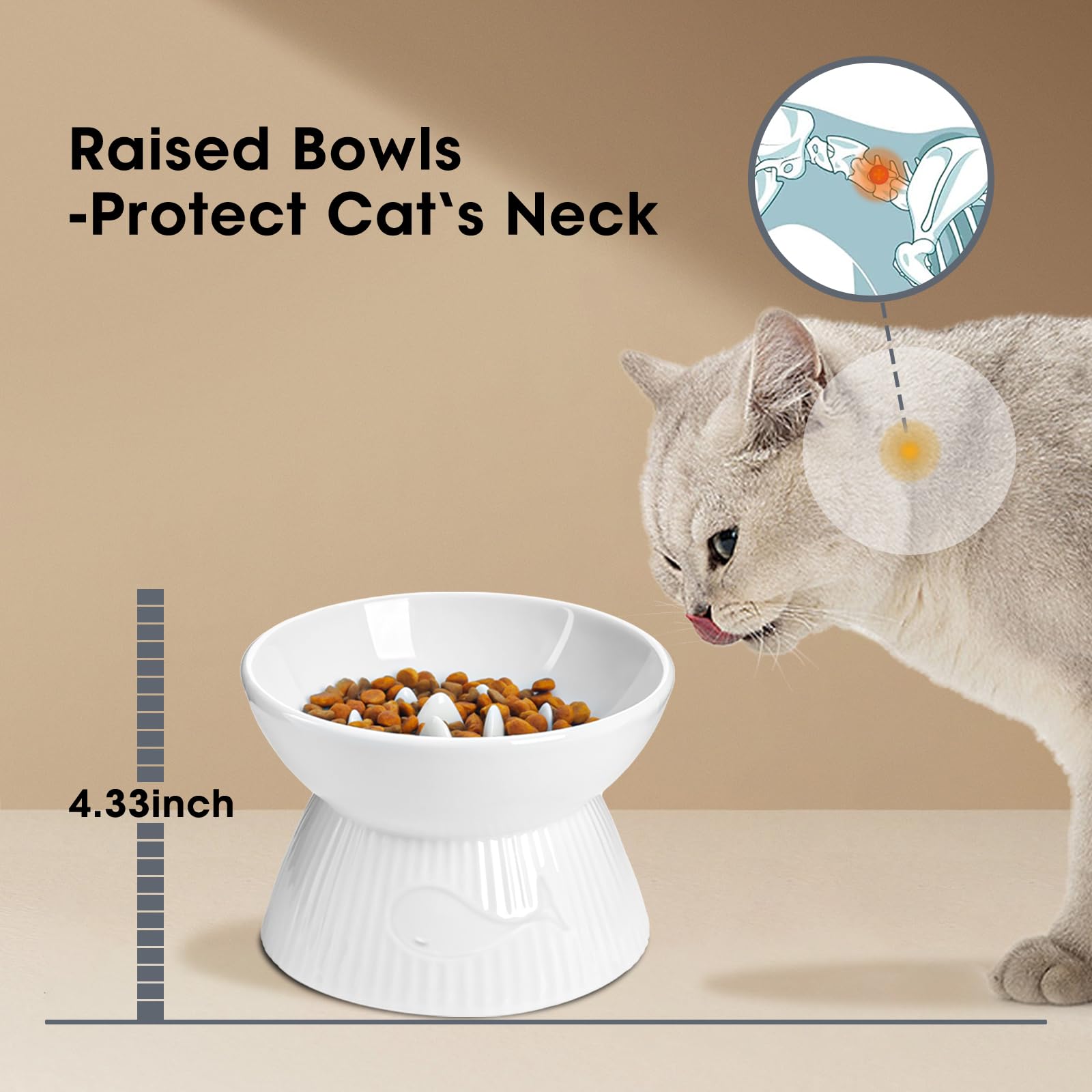 Kopmath Raised Cat Slow Feeder, Ceramic Slow Feeder Cat Bowl, Upgraded Ridges to Prevent Vomiting and Indigestion, No Spill High
