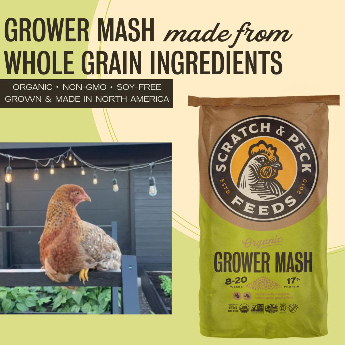 Scratch and Peck Whole Grain Grower Mash Chicken and Duck Feed - 25 lbs Bag - Corn-Free and Soy-Free - 17% Protein, Certified Or