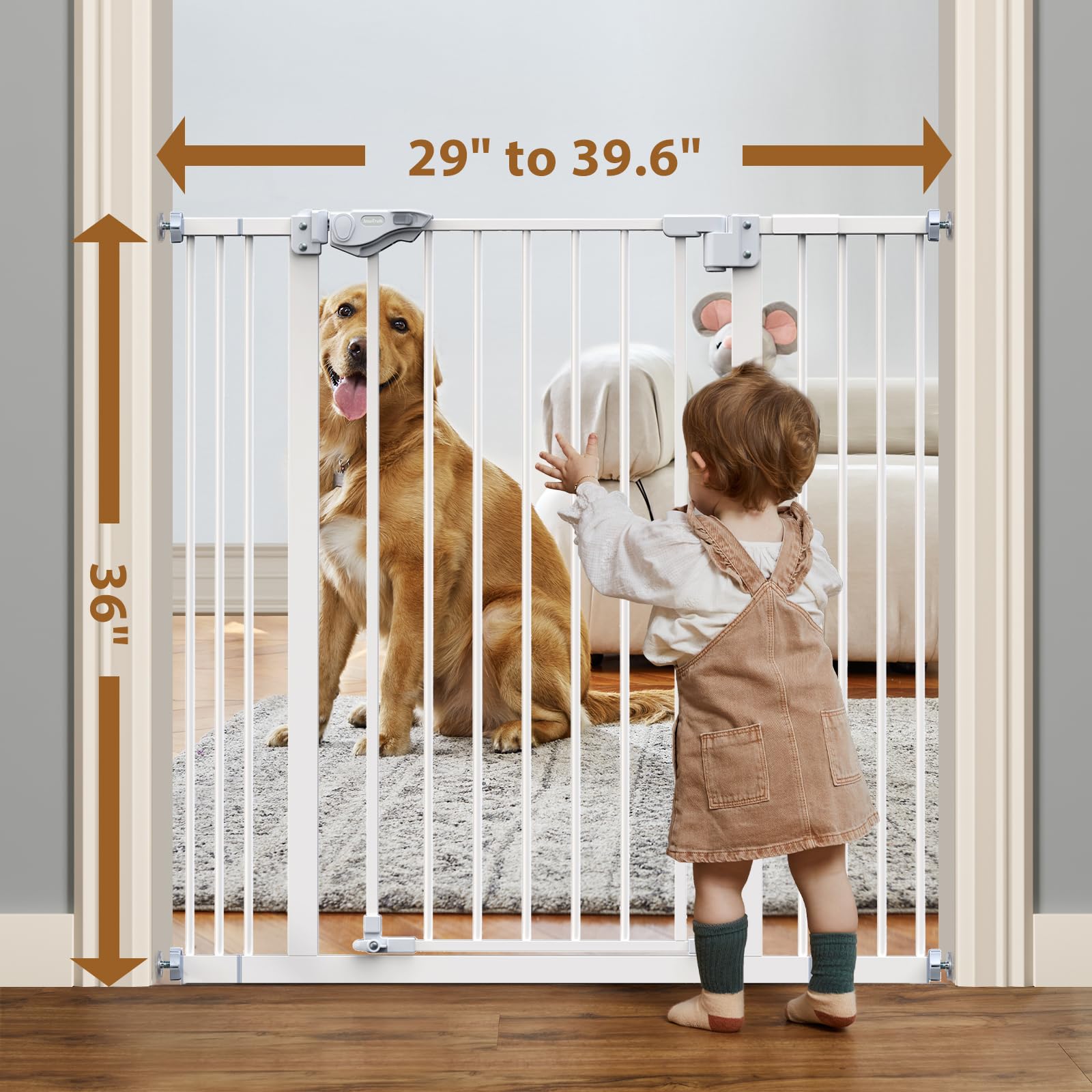 Innotruth 29-39.6”Baby Gate For Stairs,36' Extra Tall Dog Gate For The House,Dual-Lock Safety And One Hand Opening Design,Kid Gate For Doorways,Kitchen,Room,Wall-Friendly Pressure Mounted, Pure White