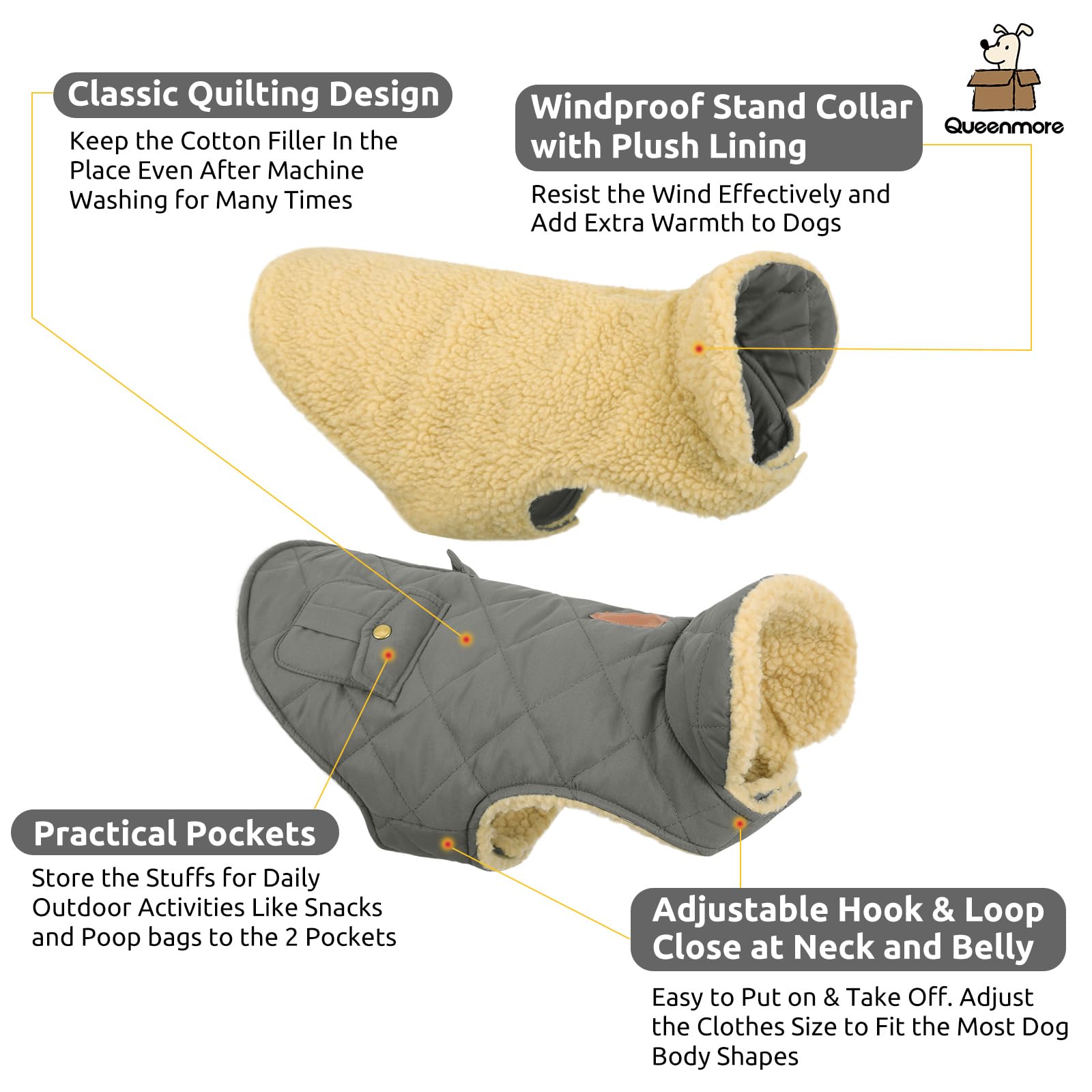 Queenmore Dog Winter Coat - Fleece Jacket, Waterproof Cold Weather Dog Clothes, Thick Warm Cotton Padding, Easy On Storage Pocke