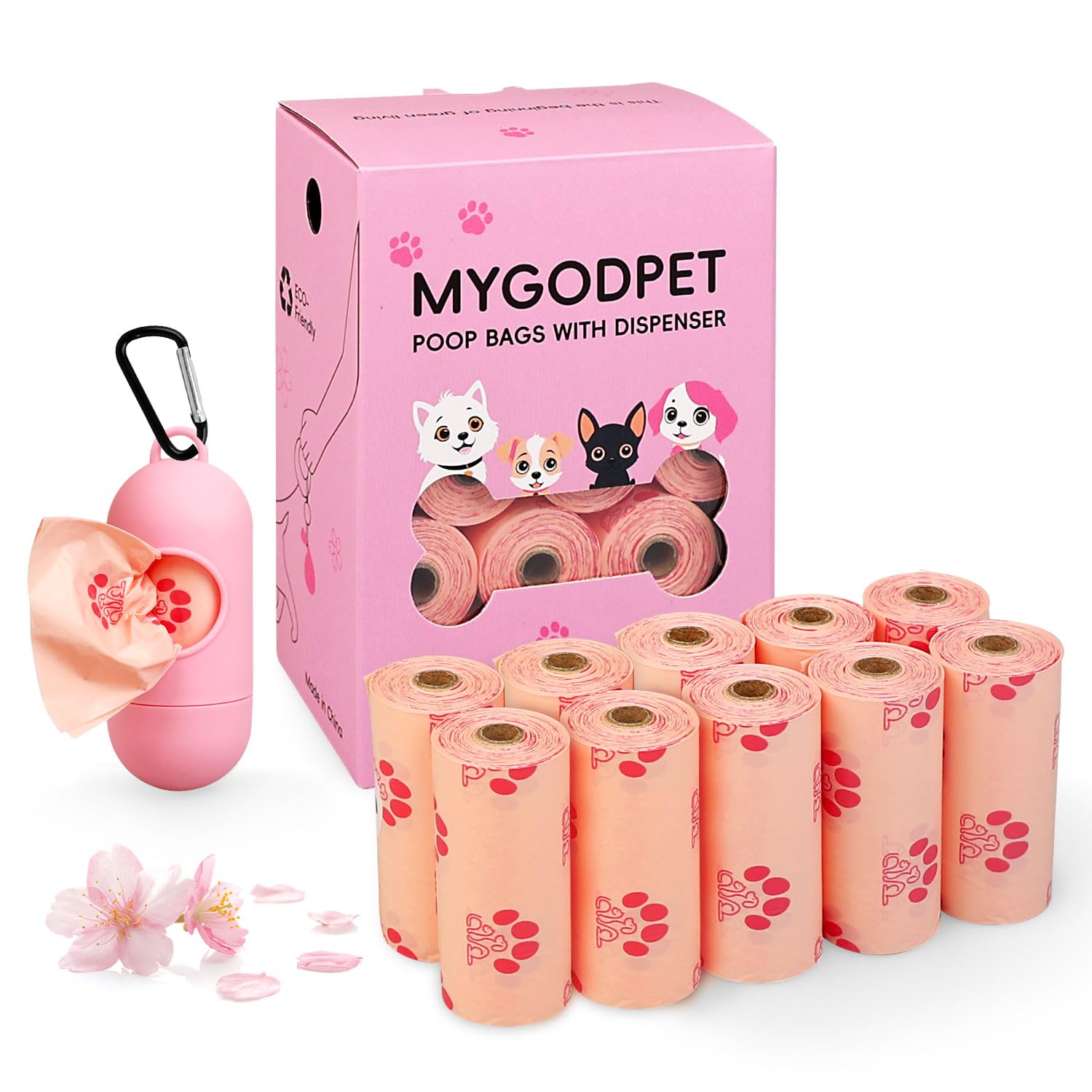 Mygodpet Dog Poop Bags Rolls With Dispenser 150 Count Biodegradable Poop Bags For Dog And Cat Cherry Blossom Scented Waste Bag L