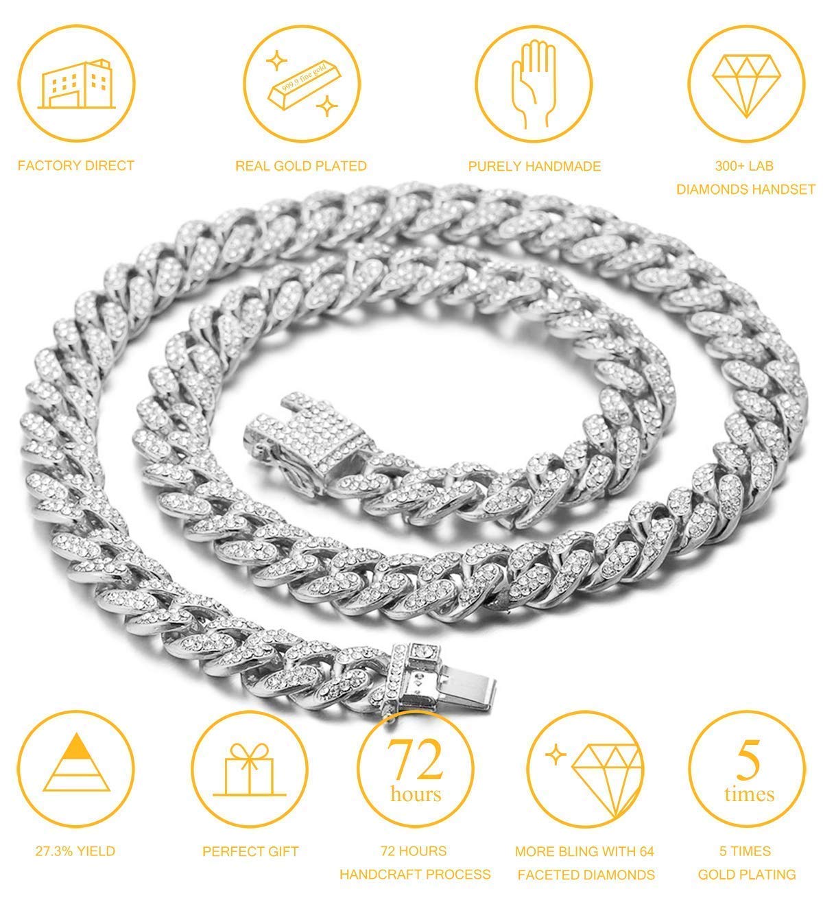 Halukakah Cat Collar - Carat - Iced Out Diamond Cuban Link Gold Chain For Cats & Kittens - Platinum Plated 14'' Collar Size - Fo