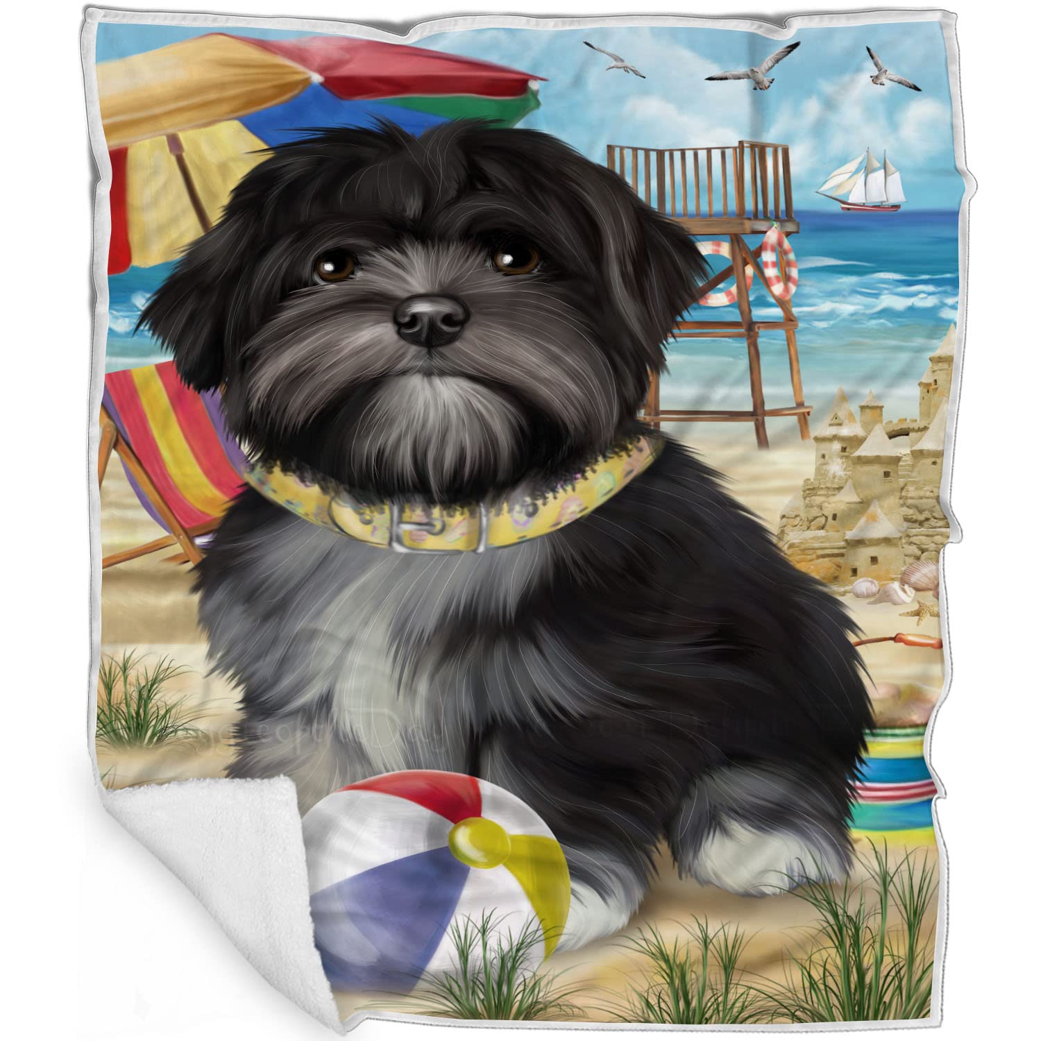 Pet Friendly Beach Lhasa Apso Dog Blanket  Lightweight Super Soft Cozy and Durable Bed Blanket  Animal Theme Fuzzy Blanket for