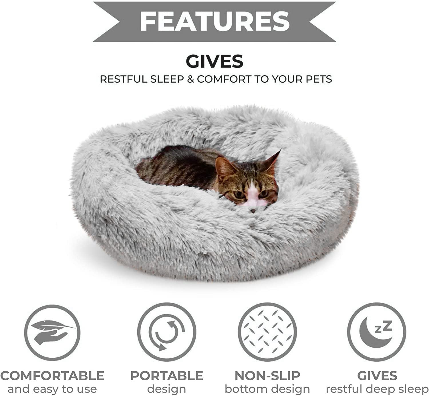 Whiskers & Friends Light-Grey Cat Bed, 23 Washable Anti-Anxiety Round Nest for Small Cats & Dogs, Ideal Indoor Pet Furniture