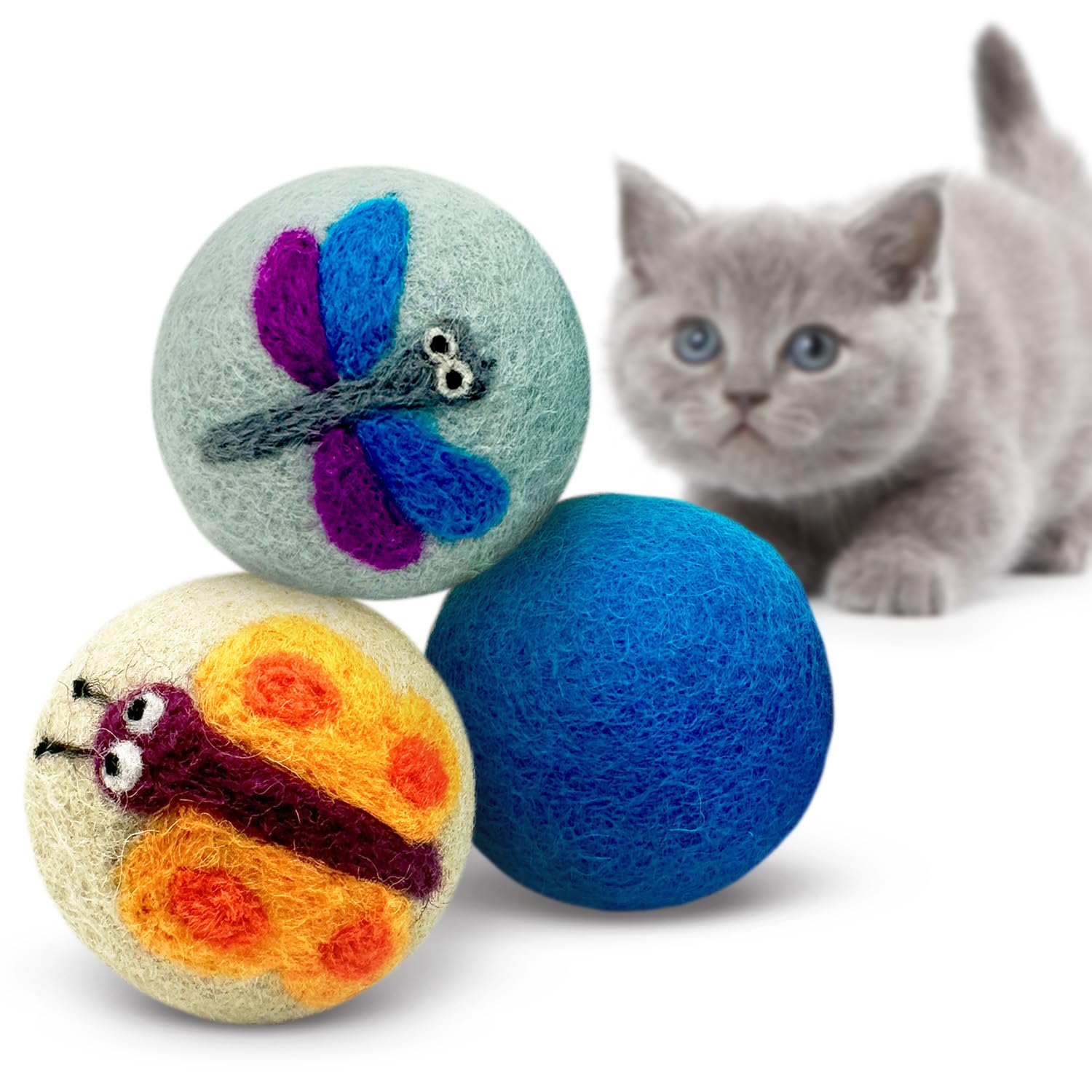 Hustle & Blush Love Ewe Felted Cat Toys 3 Pack - 2 Inch Dragonfly & Butterfly Hand Made Cute & Fun Design Kitten Wool Felt Balls