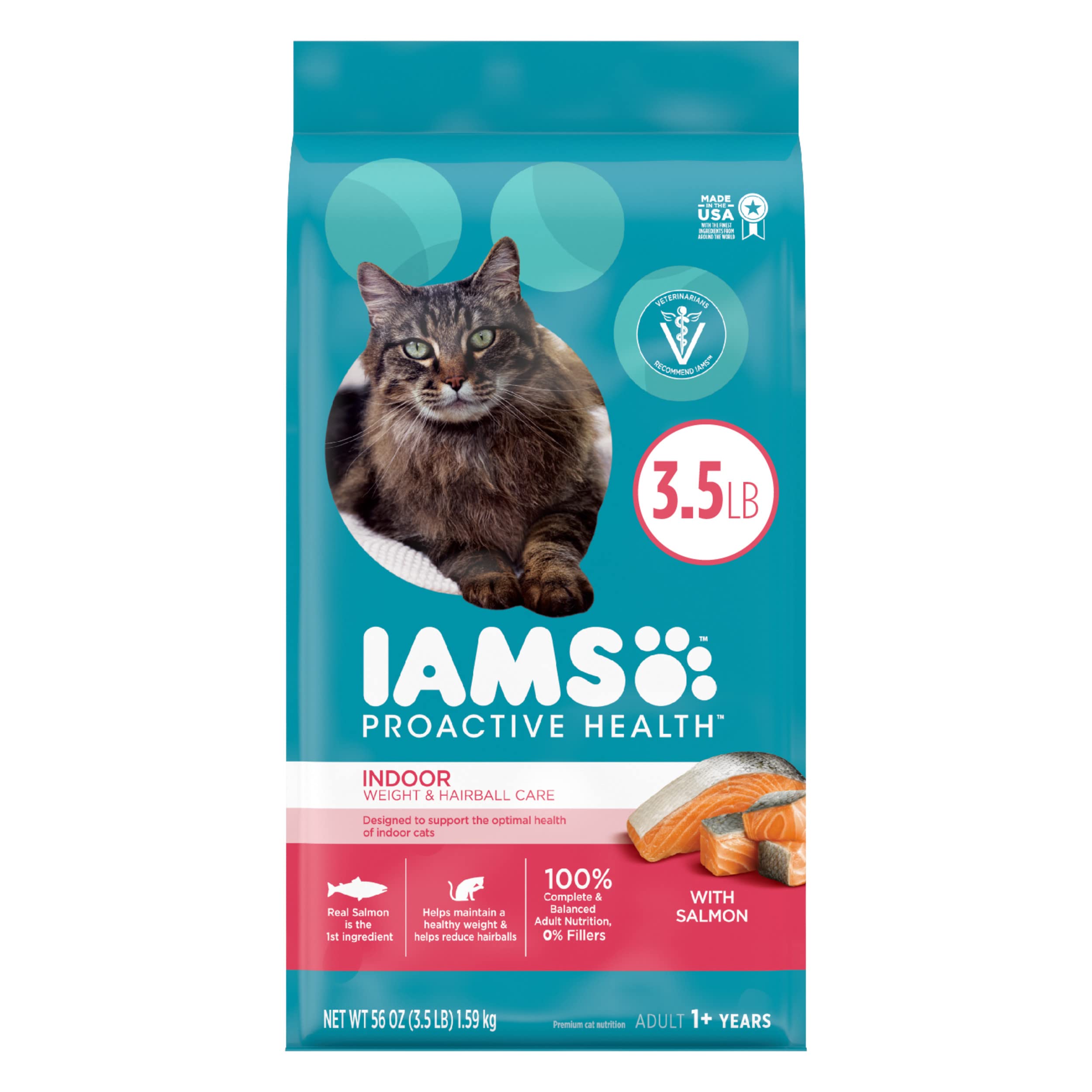 IAMS Proactive Health Indoor Weight Control & Hairball Care Adult Dry Cat Food, Salmon Recipe, 3.5 lb. Bag