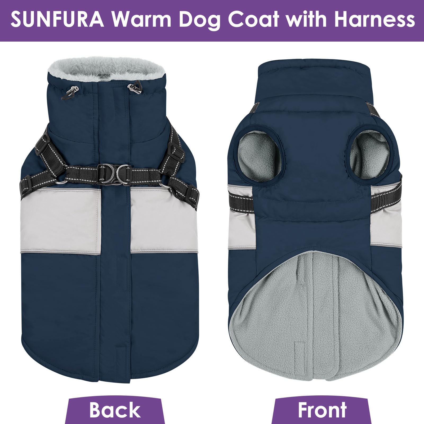 Sunfura Dog Coat For Large Dogs, Warm Pet Jacket Winter With Harness Built In, Waterproof Pet Snow Jacket With Furry Collar, Ref