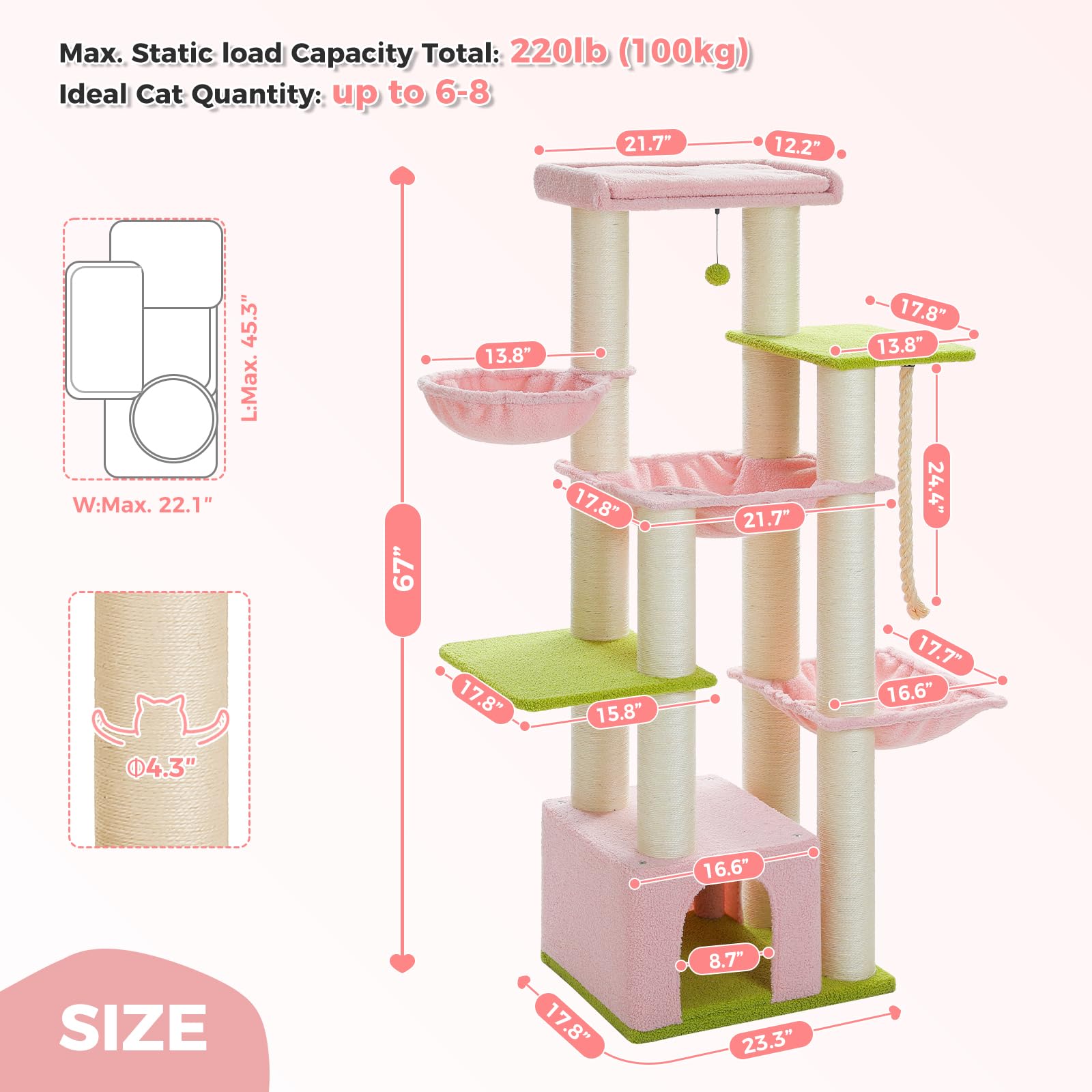 Uymi Pink 67'' Heavy-Duty Cat Tree For Indoor Cats Large Adult, Xxl Cat Tower With 13 Thick Scratching Posts (F4.3), Super Large