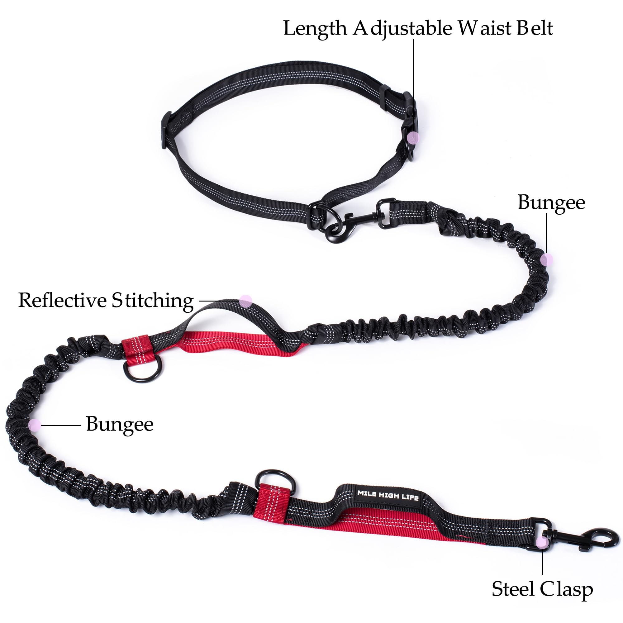 Mile High Life | Retractable Hands Free Dog 7Ft Leash | Waist Running Adjustable | Reflective Dual Black Bungees | Dual Handles | Small Medium Large Dogs | (Red)