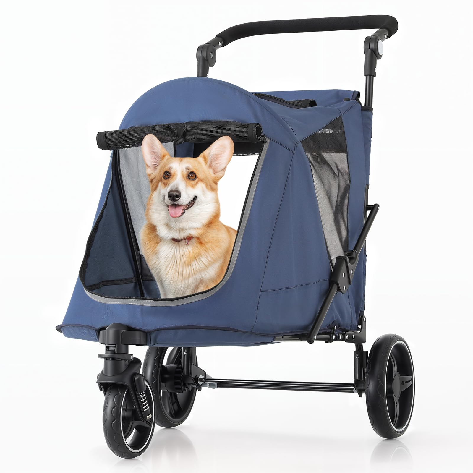 Monibloom Pet Stroller For Large Dogs Or Multiple Dogs Cats With Adjustable Handle, 3-Wheels Dual Entry Portable Dog Carting Eas