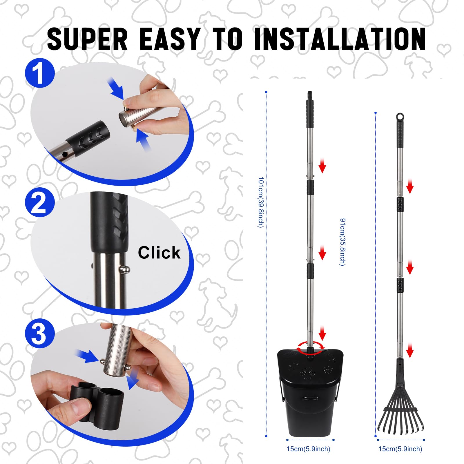 Lovinkiki Dog Pooper Scooper With 20 Bag Attachment Long Handle Swivel Bin, Rake Heavy Duty Pooper Scooper For Large Medium Smal