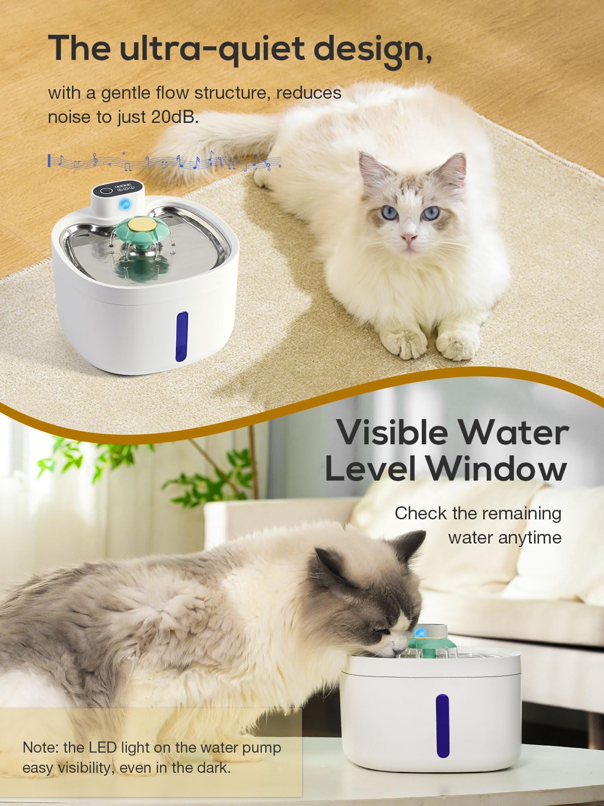 Aileway Battery Operated Cat Water Fountain, Cordless Cat Water Fountain Stainless Steel Abs 88Oz 2.6L Automatic Wireless Pet Dr