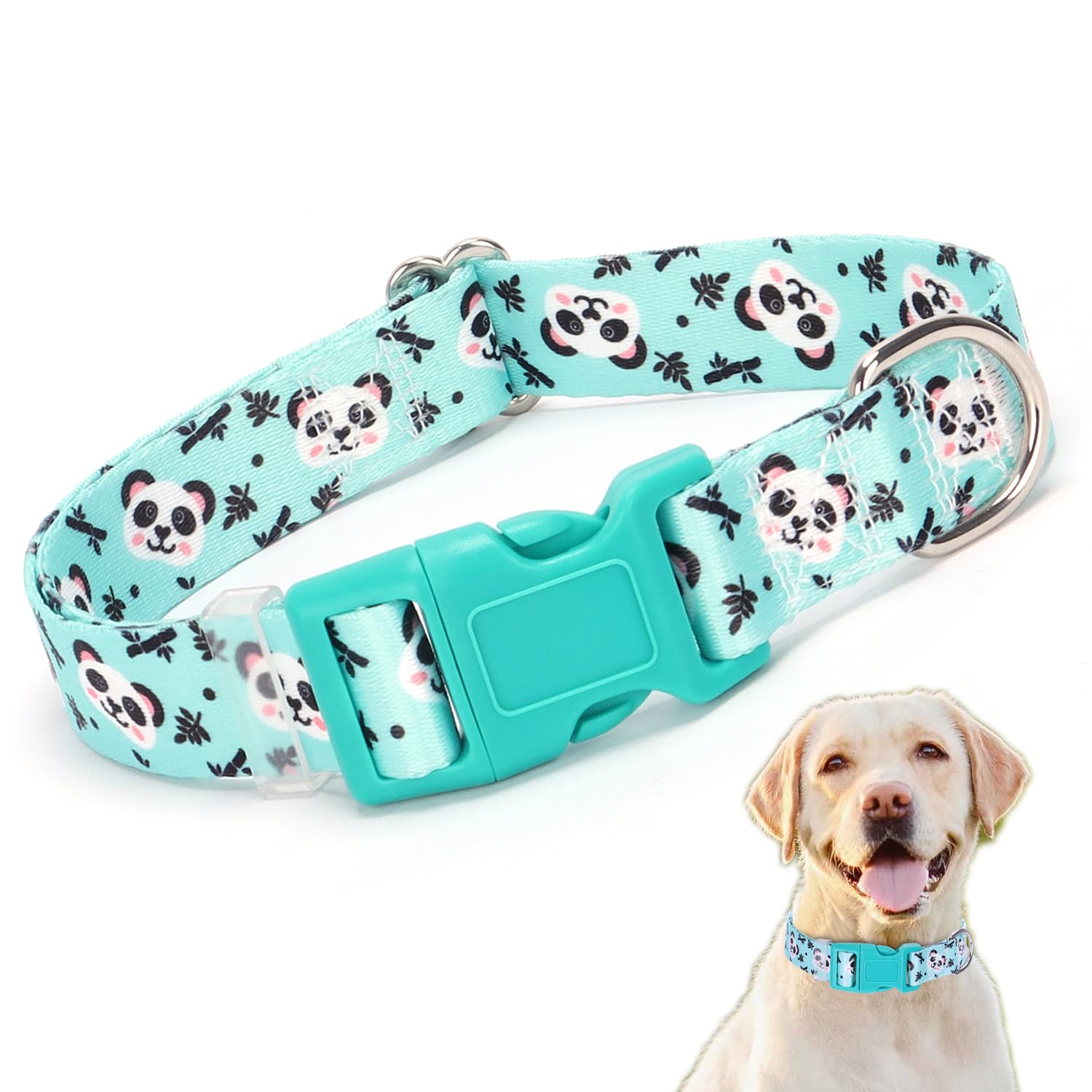 Turquoise Dog Collar, Cute Panda Pattern Design Quick Release Buckle Soft Nylon Teal Dog Collars Adjustable for Small Medium Lar