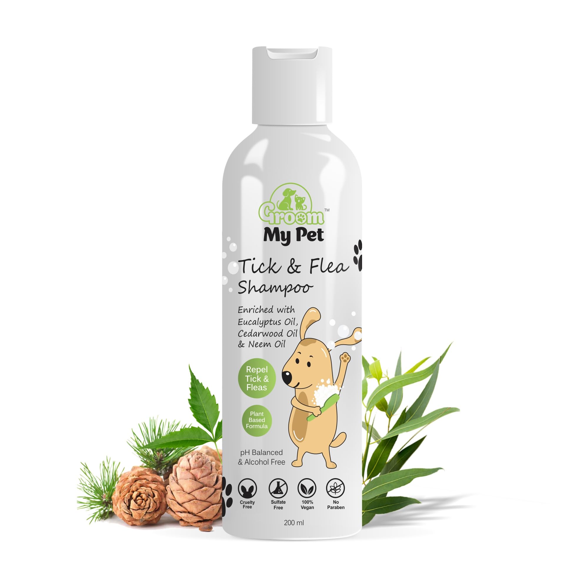Groom My Pet Tick & Flea Shampoo-200Ml | Repel Tick & Fleas | Ph Balanced & Alcohol Free | Eucalyptus, Cedarwood & Neem | For Al