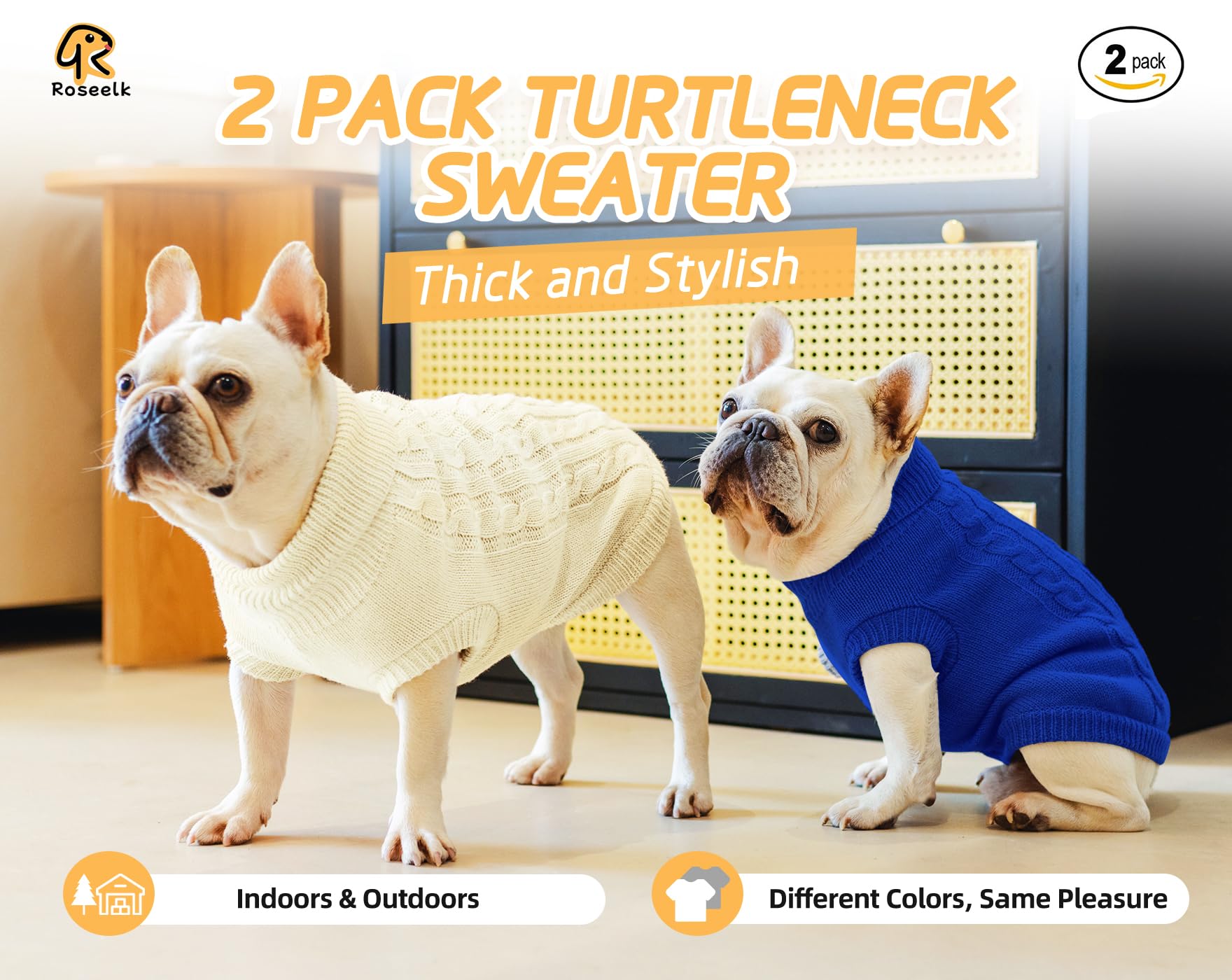 Roseelk 2 Pack Dog Sweater Large Size Dog - Extra Large Breed Warm Clothes Xlarge Dogs Sweaters, Turtleneck Pullover Design For Boy Girl Pet, Labrador Retriever Rottweilers Pitbulls (3Xl, Blue, White)
