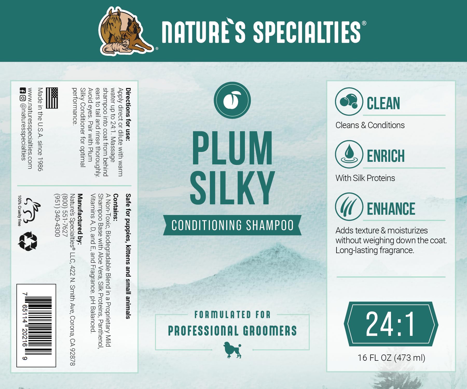Nature'S Specialties Plum Silky Ultra Concentrated Dog Shampoo Conditioner, Makes Up To 3 Gallons, Natural Choice For Professional Pet Groomers, Silk Proteins, Made In Usa, 16Oz