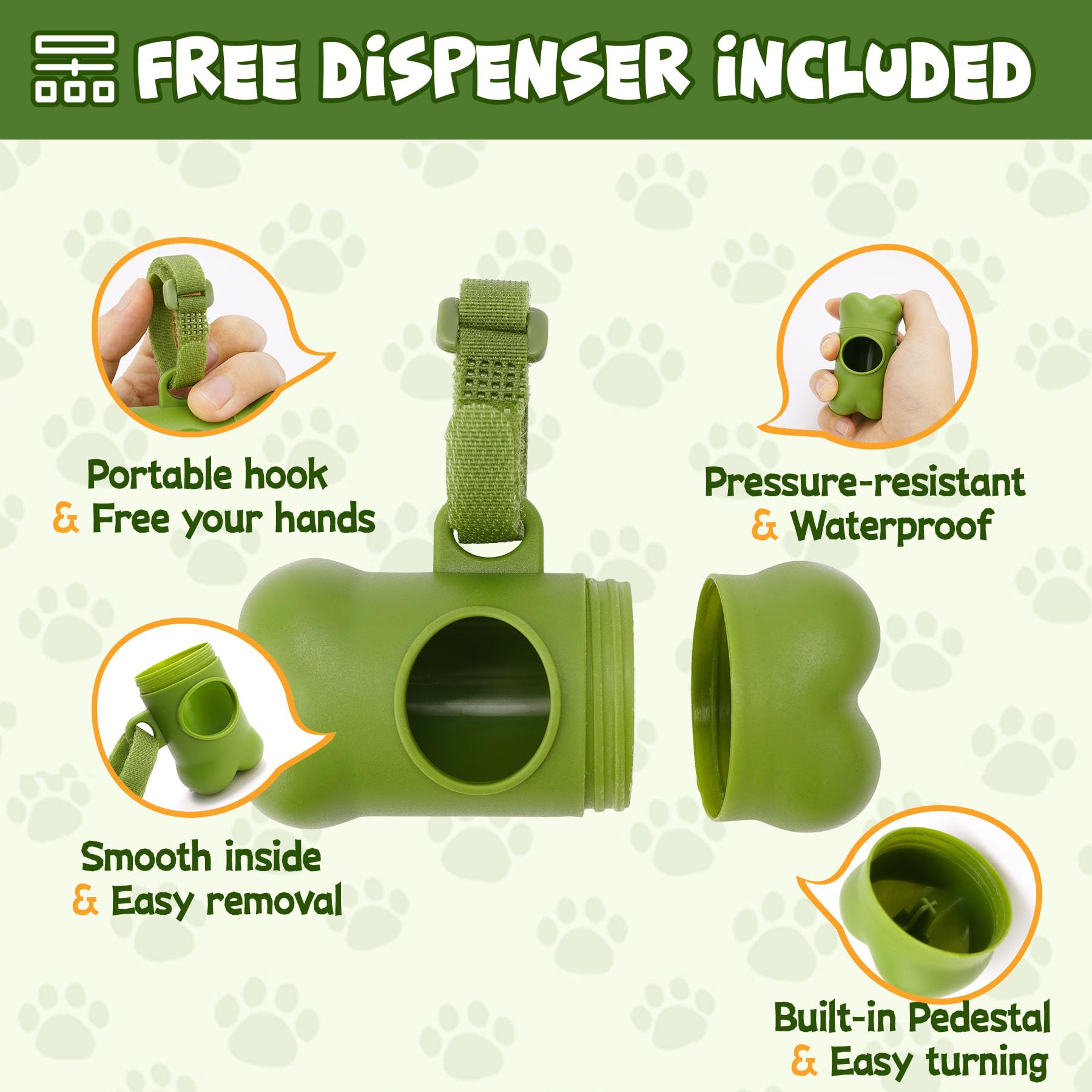 Kipritii Strong-Endurance Dog Poop Bag Set With Dispenser & Leash Clip, Thick Waste Poop Bags For Puppy/Small/Medium/Large Dog & Cat