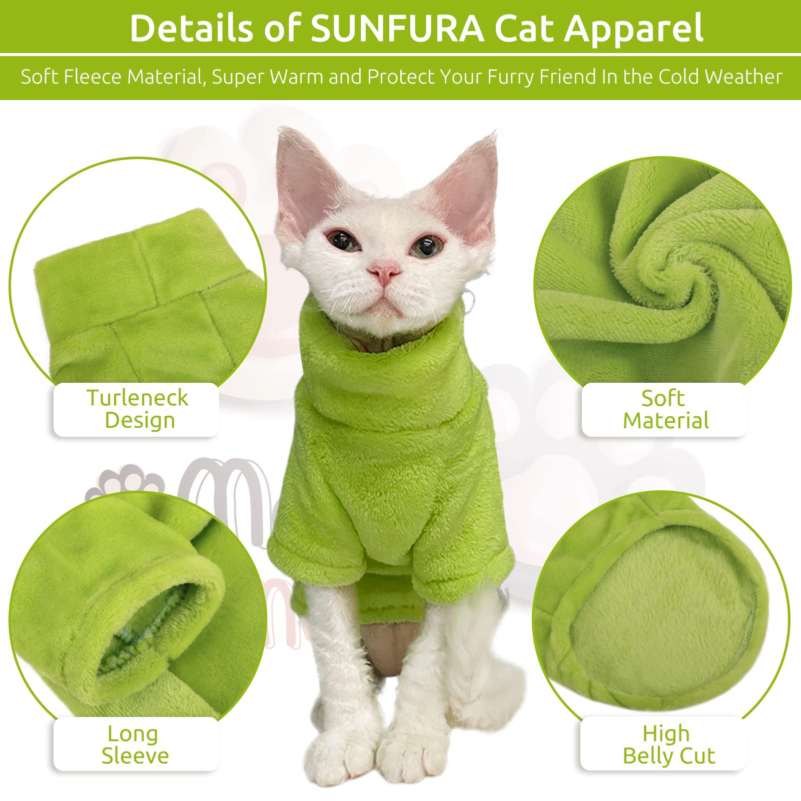 Sunfura Turtleneck Sweater Coat For Cat, Kitten Fleece Winter Pullover Vest Cat Cozy Soft Pajamas With Sleeves For Puppy Cats, Pet Warm And Jumpsuit Apparel For Cold Weather, Green S