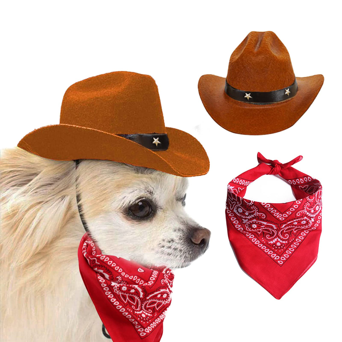 Awocan Dog Cowboy Hat And Bandana Scarf Dog Cat Sombrero Puppy Hat Dog Cat Costume Cosplay Cap Puppy Pet Dog Cat Holiday Pet Party Decoration (Coffee)