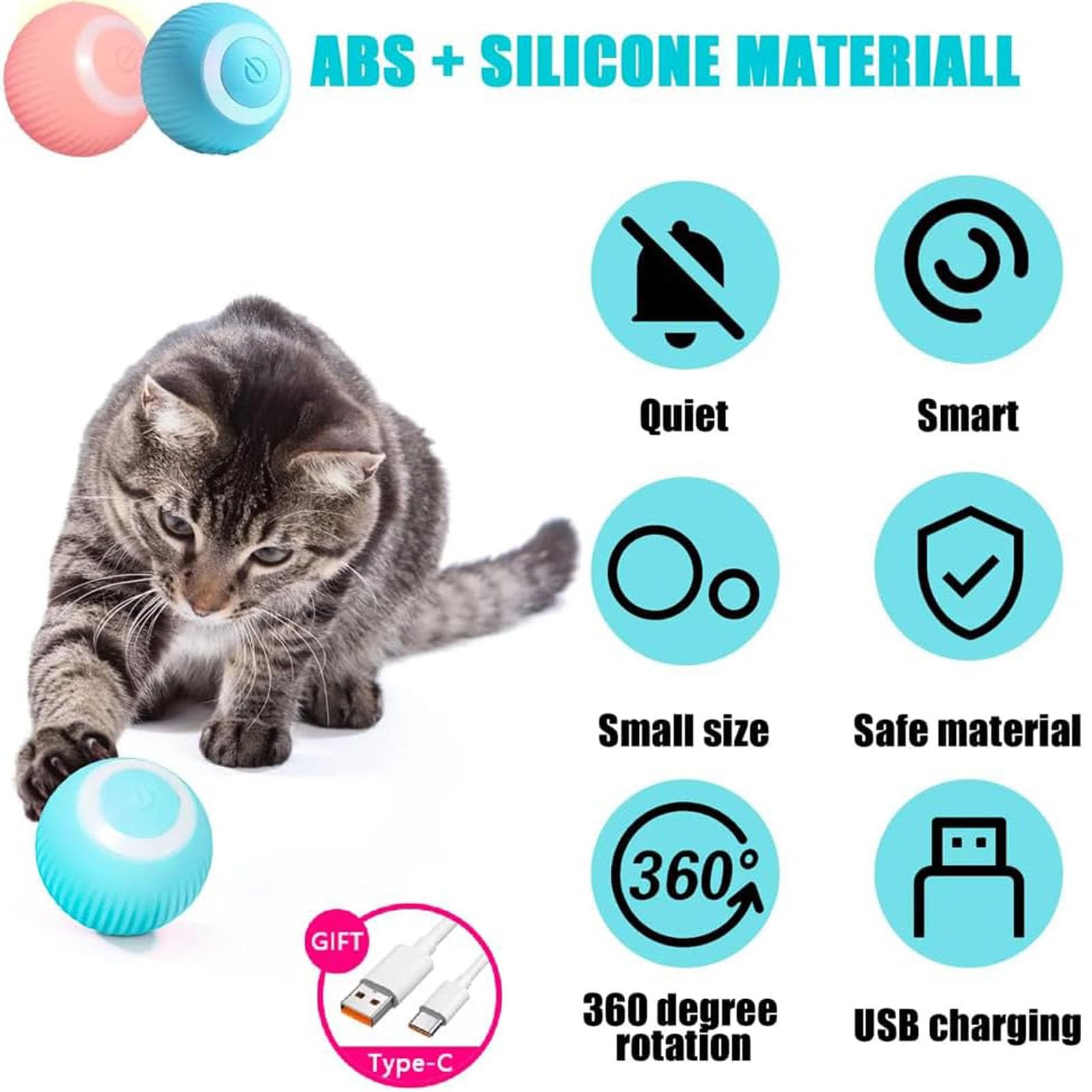 Power Ball 2.0 Interactive Cat Toy, Smart Automatic Rolling Ball For Indoor Cats, Usb Charging (Pink & Blue)
