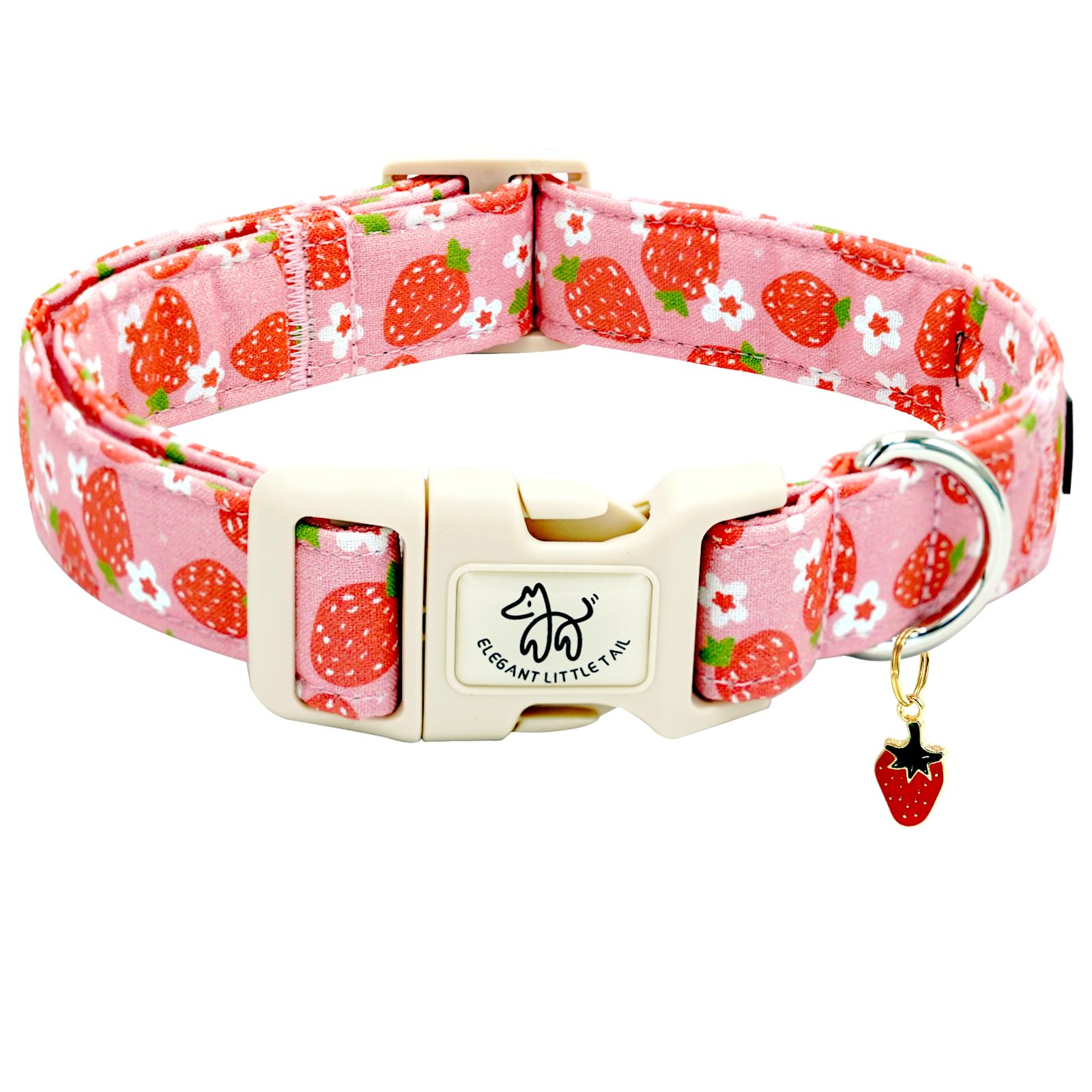 Elegant Little Tail Dog Collar, Strawberry Pattern Pet Collar Pink Durable Spring Female Spring Collar Adjustable Cotton Pet Col
