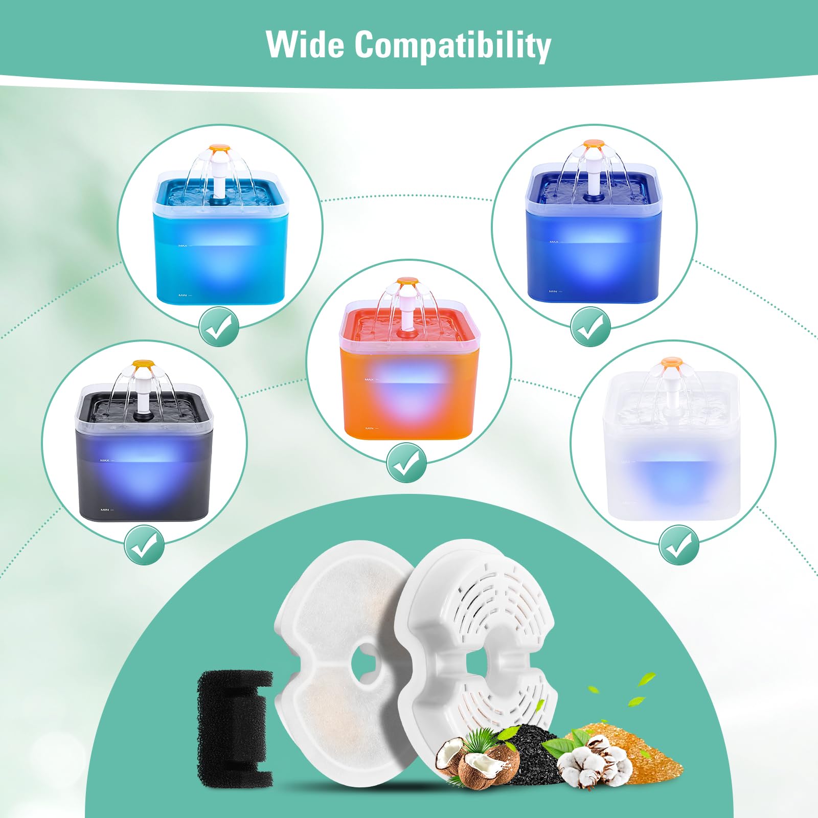 BFLICROY 12 Pack Replacement Filters & 12 Pack Pump Filters for 67oz/2L Colorful Cat Water Fountain With LED Light, Quadruple Fi