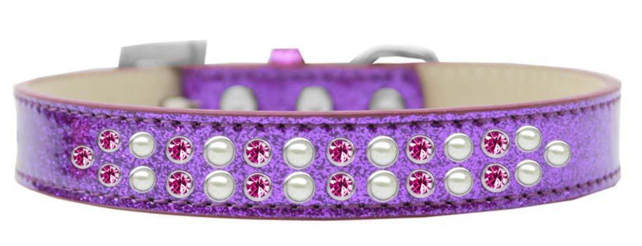 Mirage Pet Products Two Row Pearl and Pink Crystal Ice Cream Dog Collar, Size 18, Purple