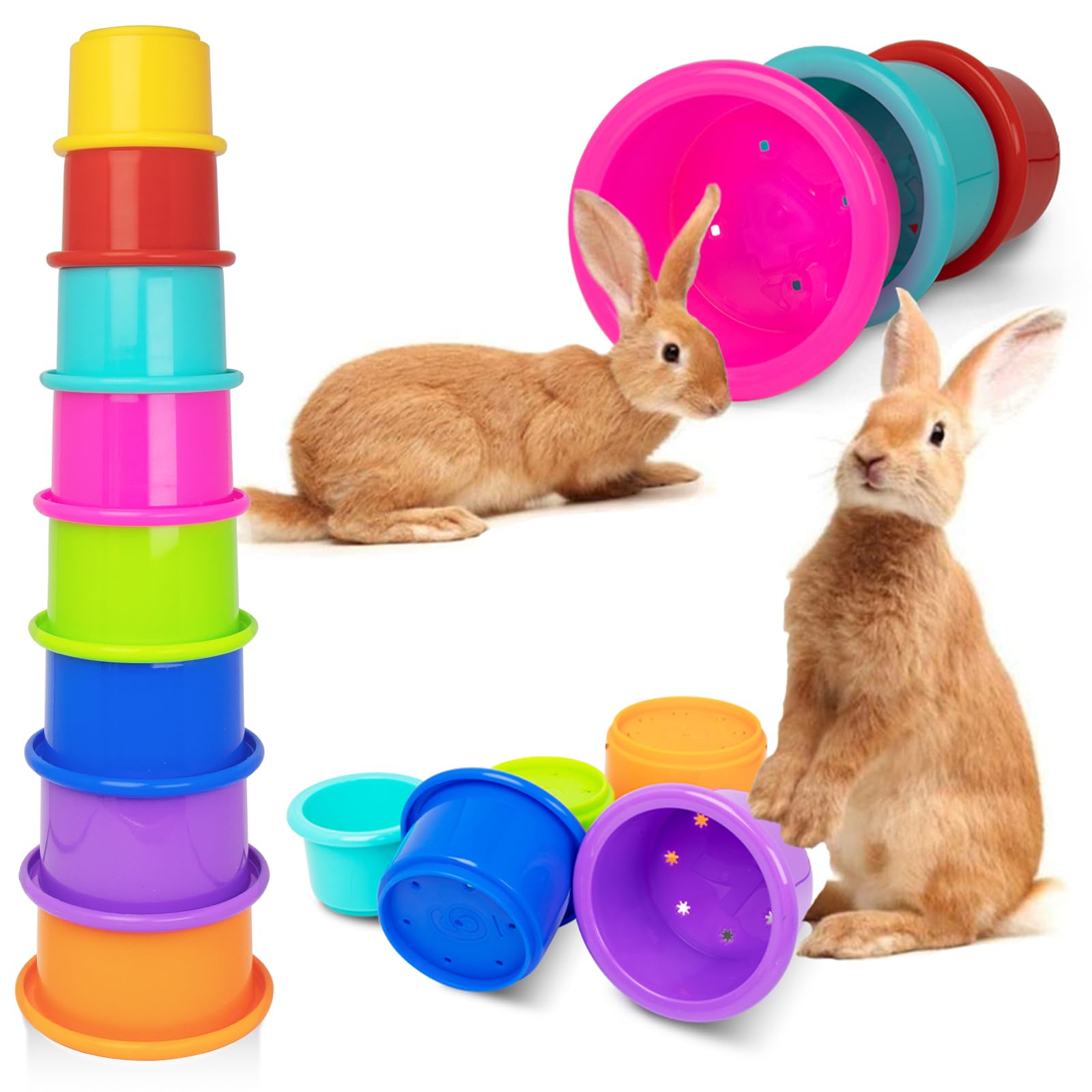 Iffitya 8 Pcs Colorful Stacking Cups for Rabbits, Colorful Bunny Toys for Rabbits and Small Animals, Nesting Rabbit Toys of Diff