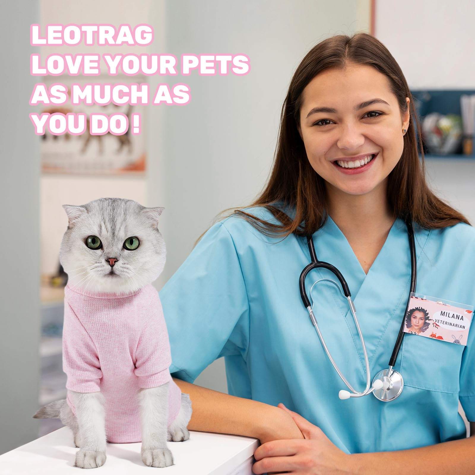 Leotrag Breathable Cat Recovery Suit For Female/Male, Anti-Licking Kitten Onesie - Cat Surgery Pajamas With Sleeve After Spay, P