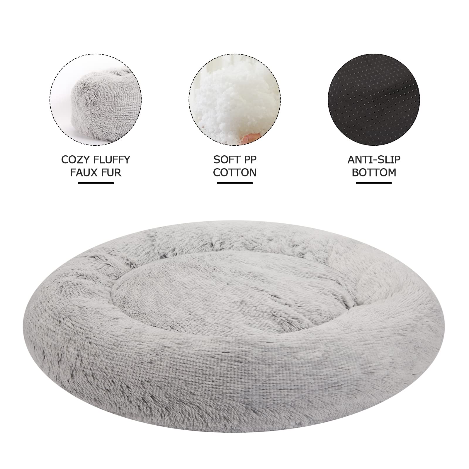 Bedfolks Calming Donut Extra Large Dog Bed, 45 Inches Round, Anti-Anxiety Plush, Washable With Non-Slip Bottom (Light Grey)
